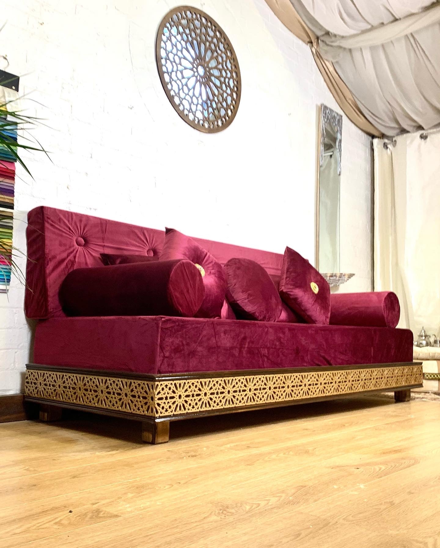 Luxurious Arabesque Moroccan Sofa Moroccan Daybed with carvings in Burgundy Velvet.