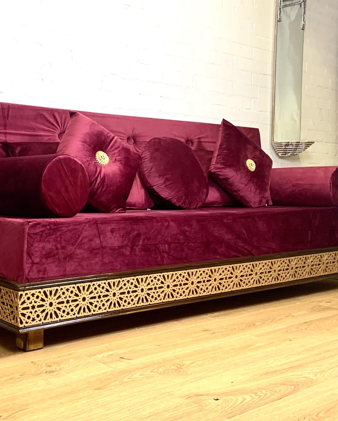 Luxurious Arabesque Moroccan Sofa Moroccan Daybed with carvings in Burgundy Velvet.