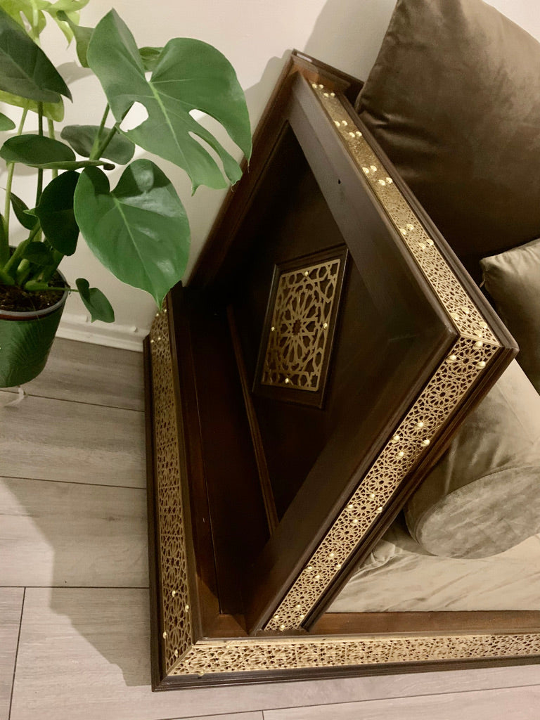 L Shape Moroccan sofa Armrest In Antique Gold & Dark Walnut