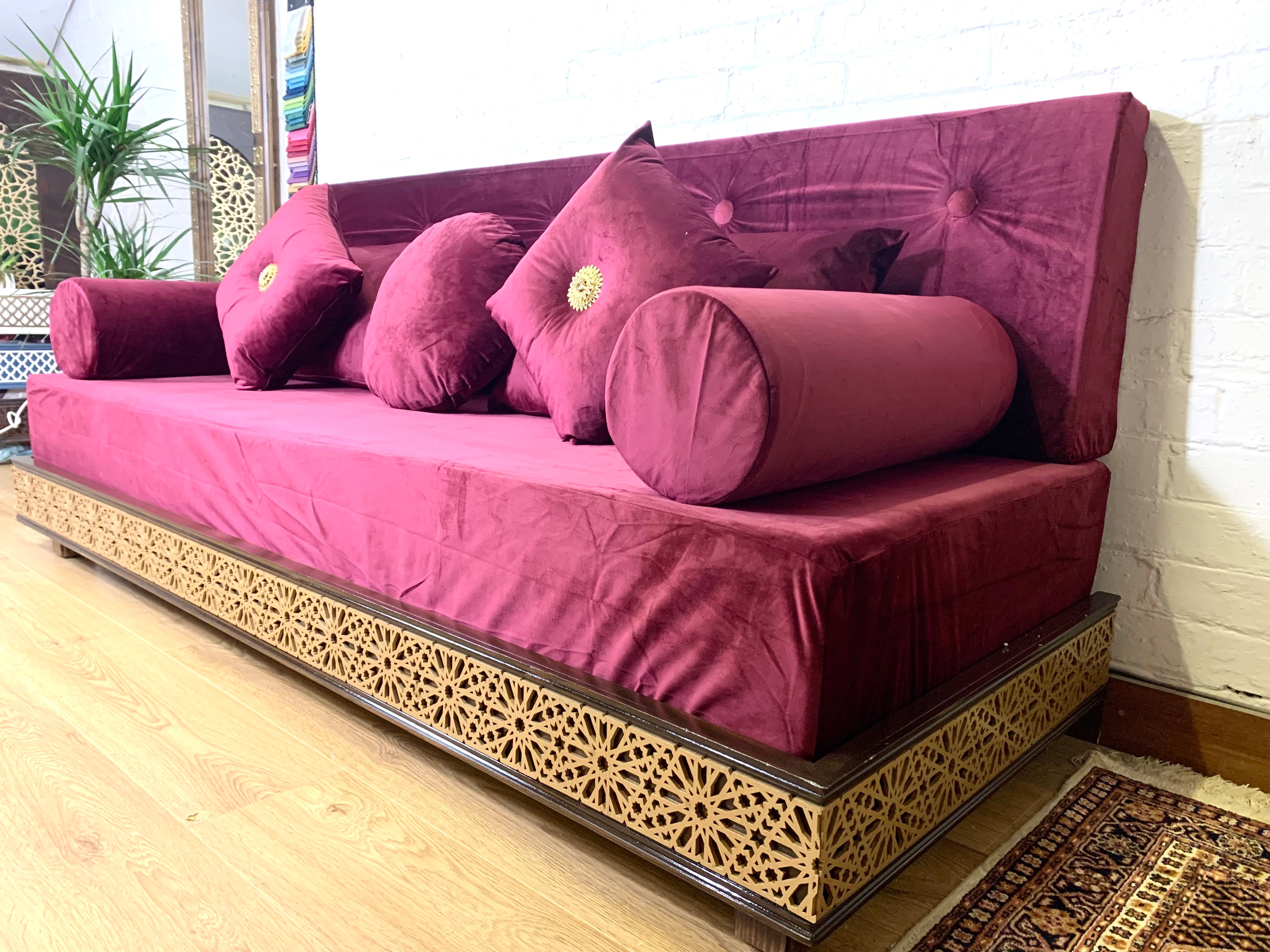 Luxurious Arabesque Moroccan Sofa Moroccan Daybed with carvings in Burgundy Velvet.