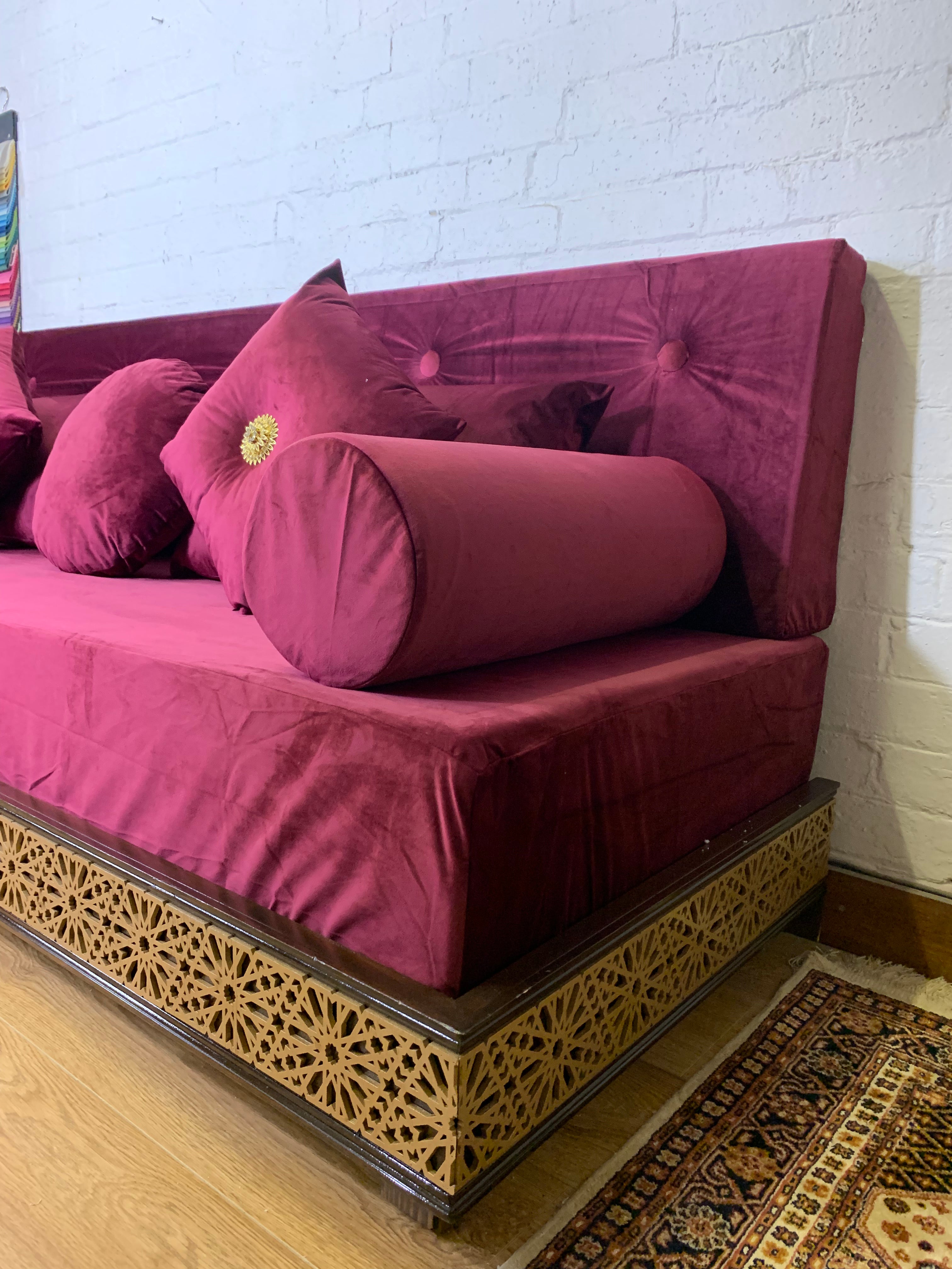 Luxurious Arabesque Moroccan Sofa Moroccan Daybed with carvings in Burgundy Velvet.