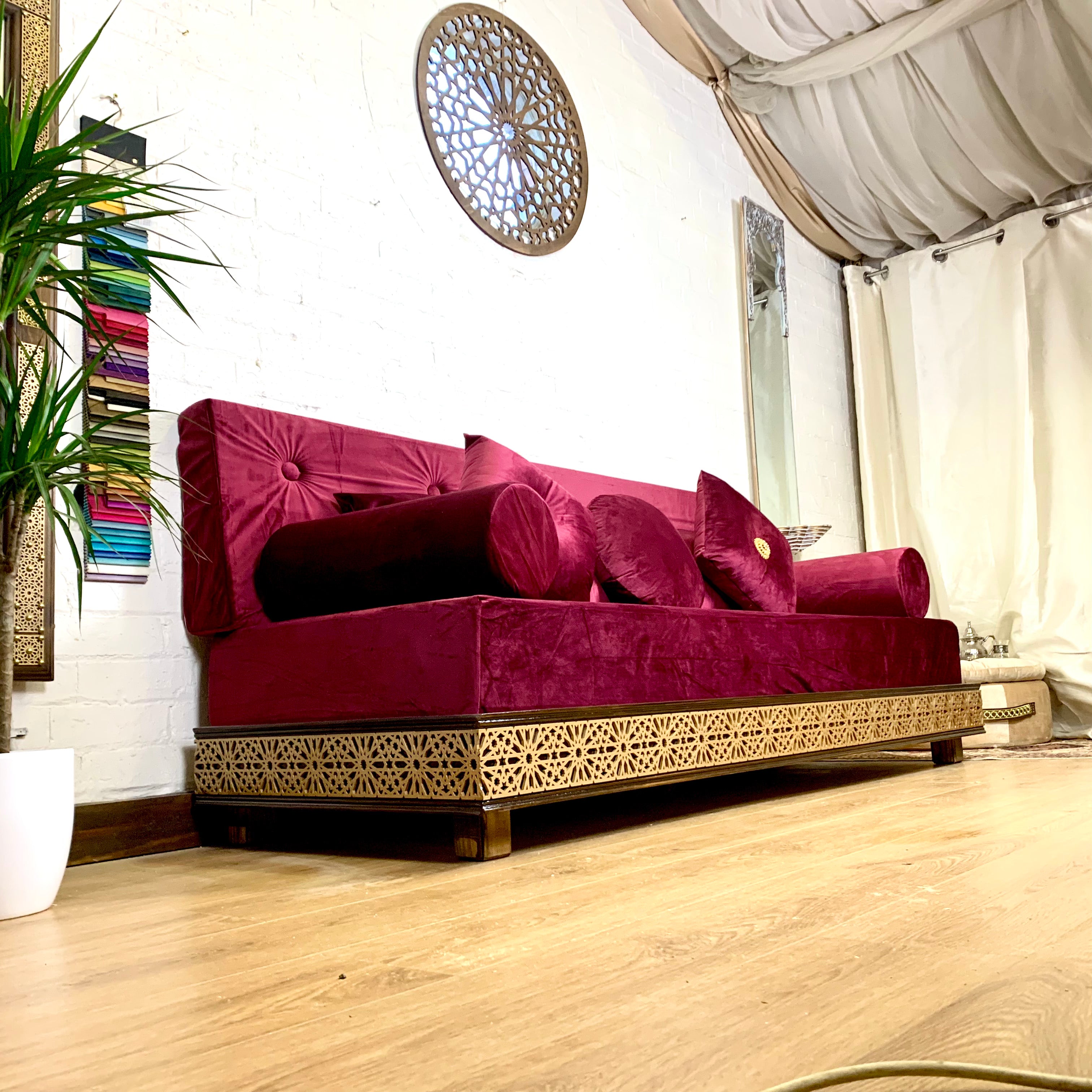 Luxurious Arabesque Moroccan Sofa Moroccan Daybed with carvings in Burgundy Velvet.