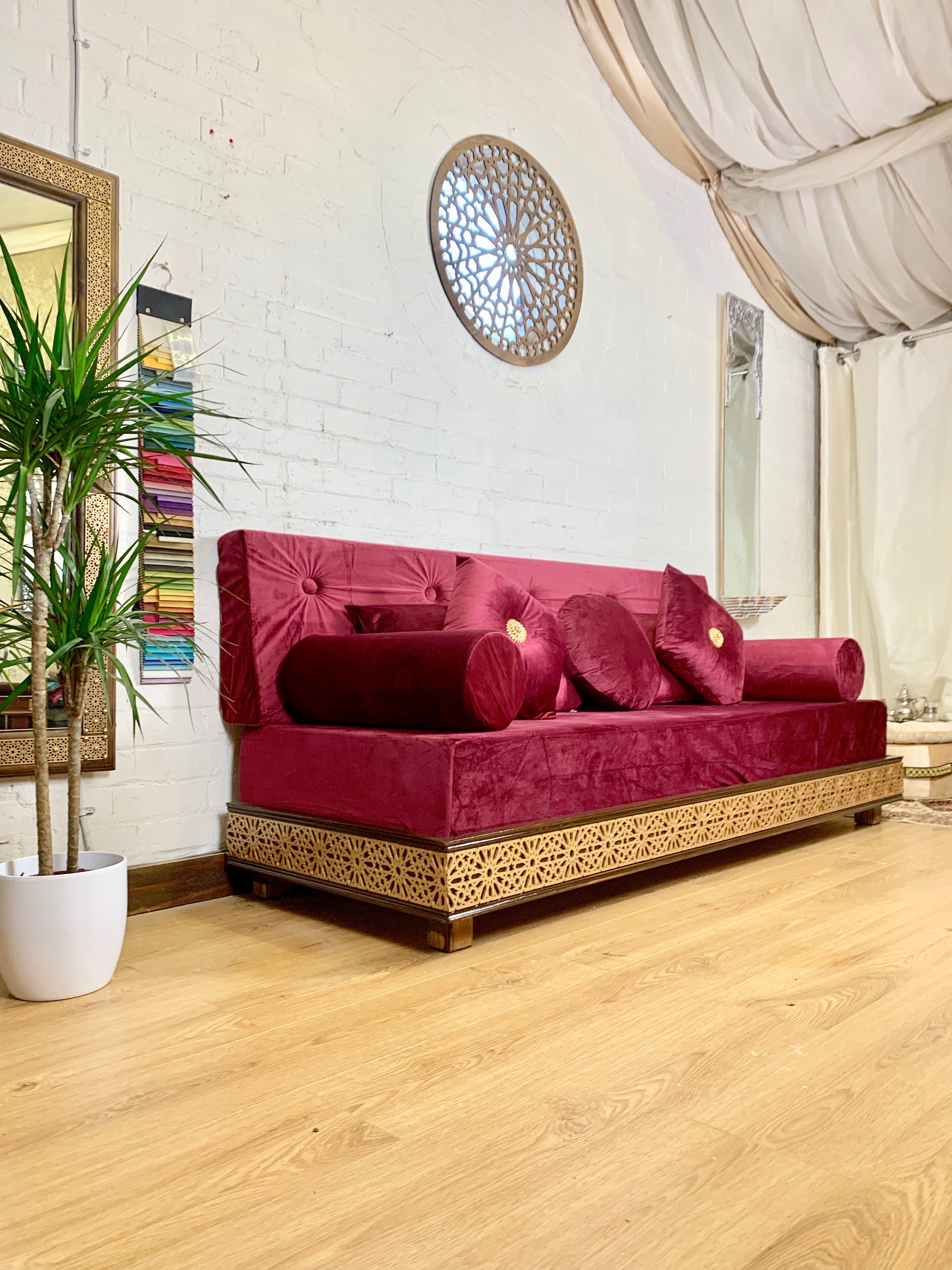 Luxurious Arabesque Moroccan Sofa Moroccan Daybed with carvings in Burgundy Velvet.