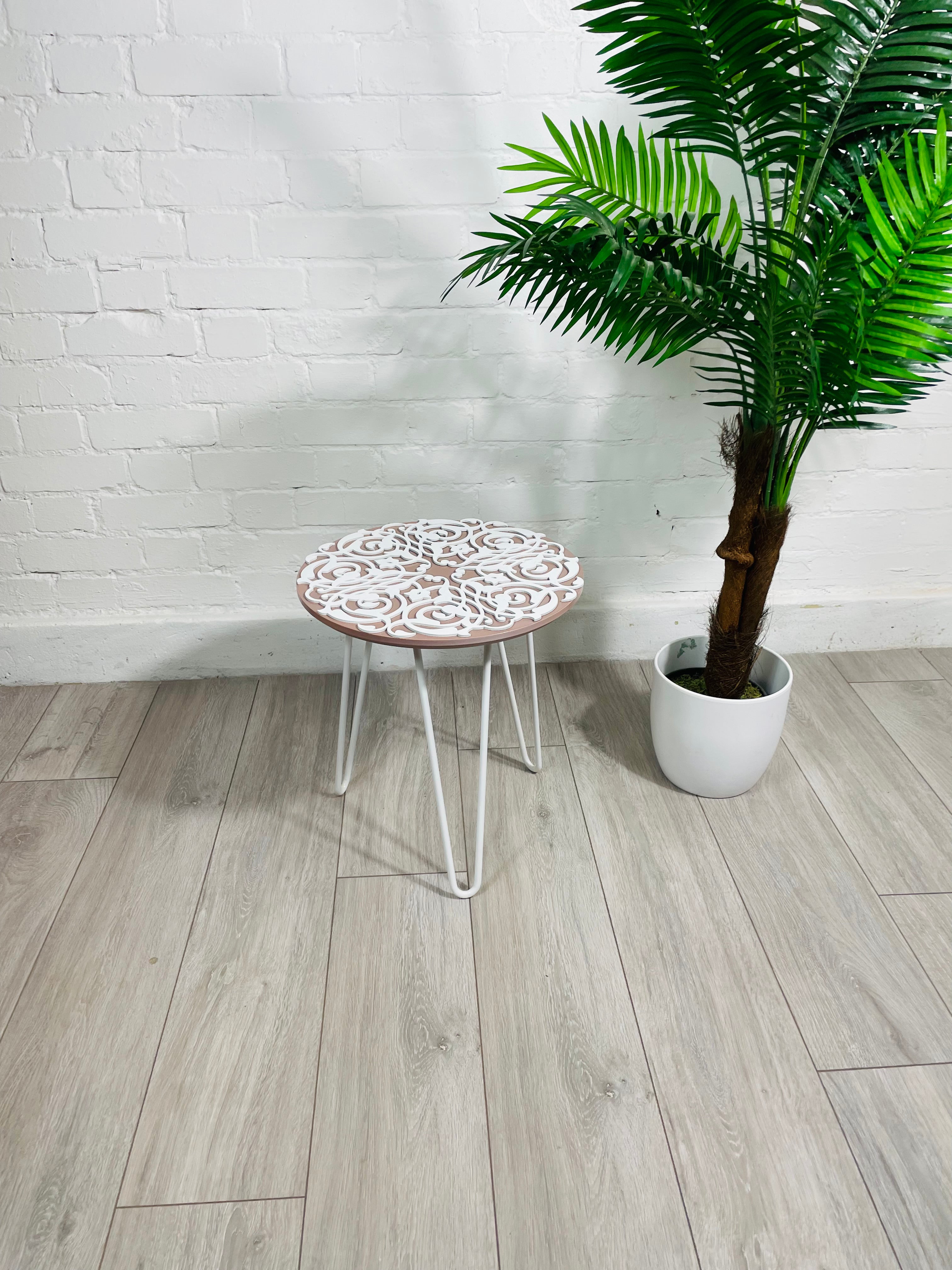 Arabesque Moroccan Side Table in Pastel Pink and White Finish Pin Legs Zellige Table Glass Top