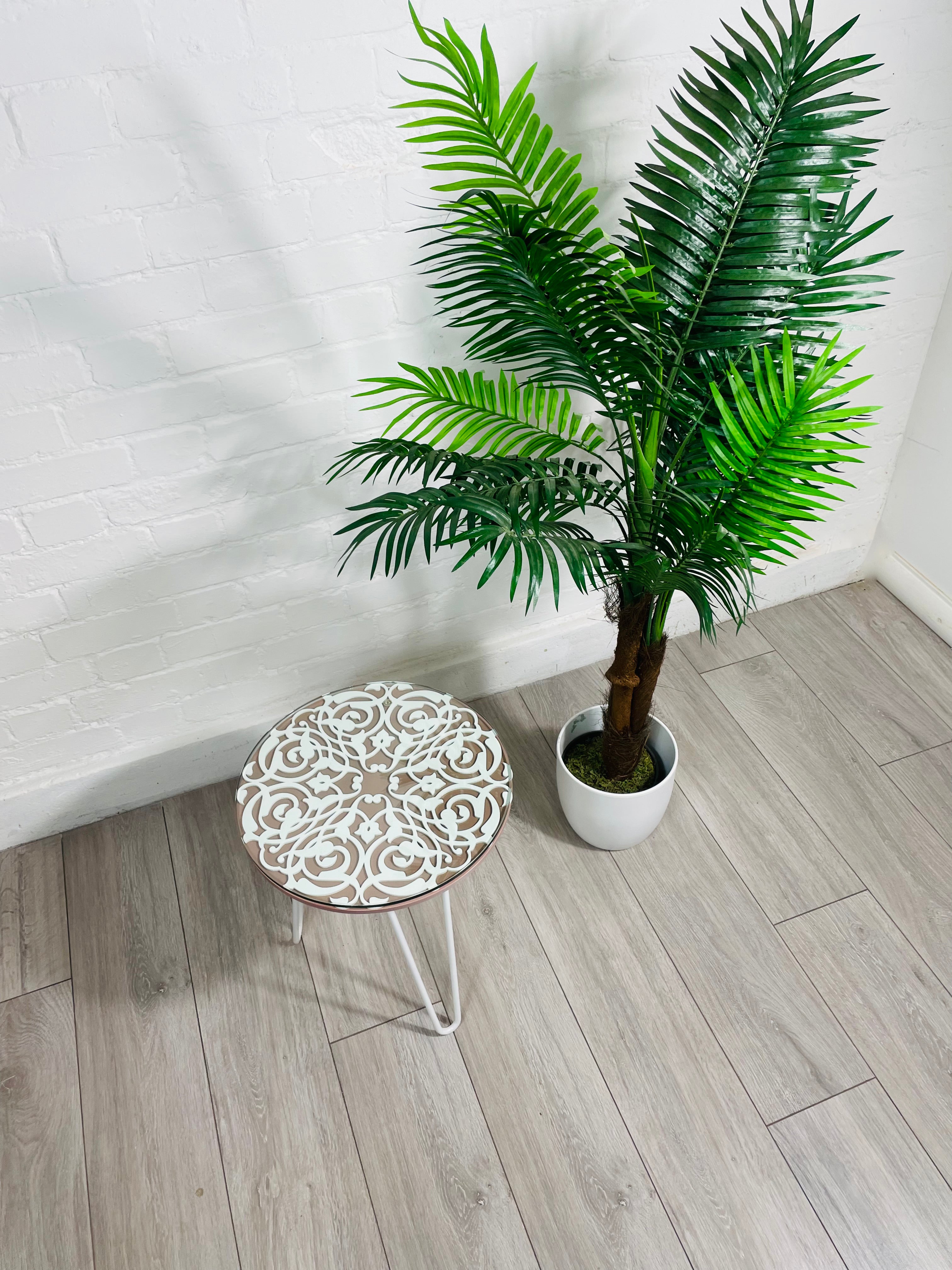 Arabesque Moroccan Side Table in Pastel Pink and White Finish Pin Legs Zellige Table Glass Top