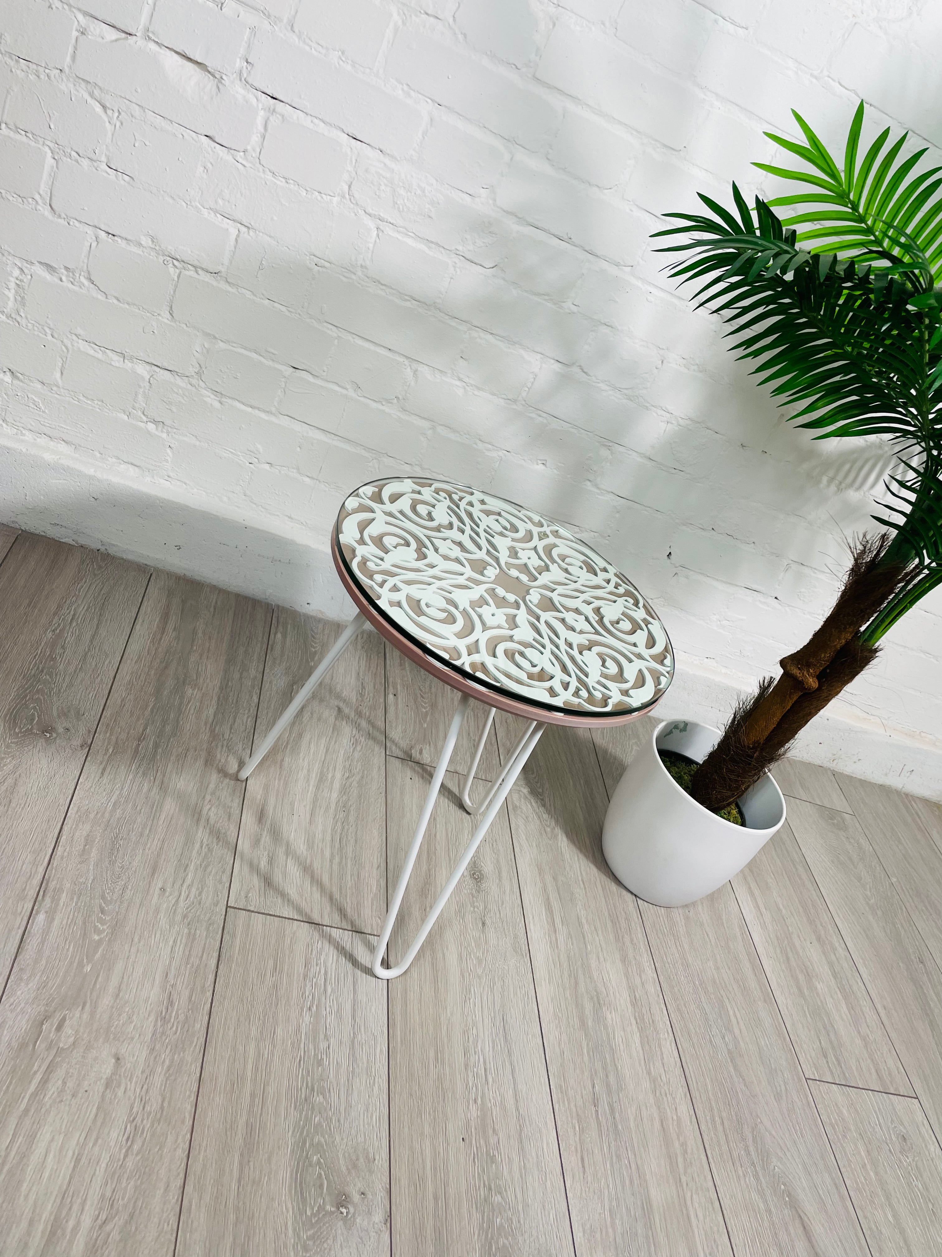 Arabesque Moroccan Side Table in Pastel Pink and White Finish Pin Legs Zellige Table Glass Top