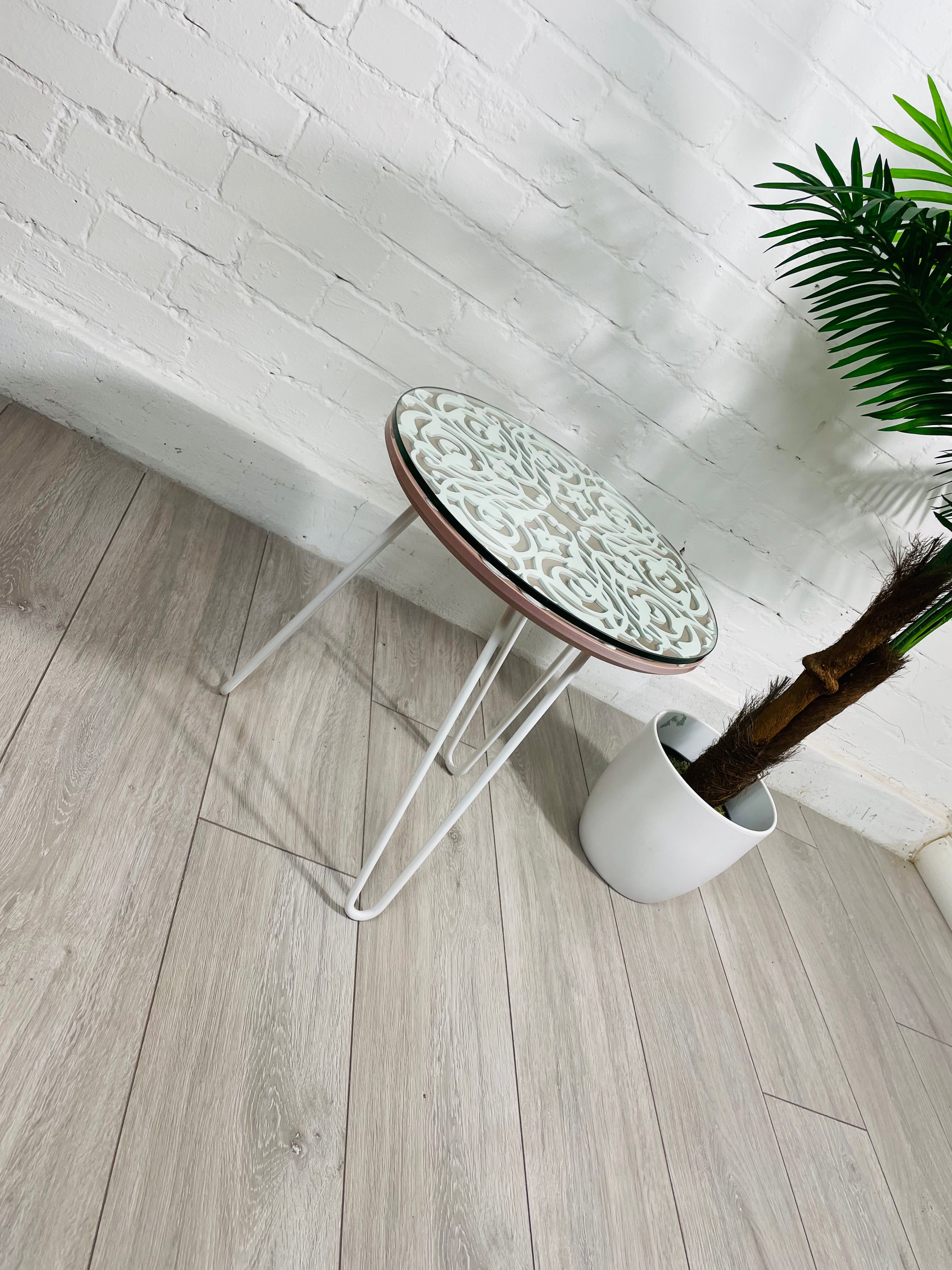 Arabesque Moroccan Side Table in Pastel Pink and White Finish Pin Legs Zellige Table Glass Top