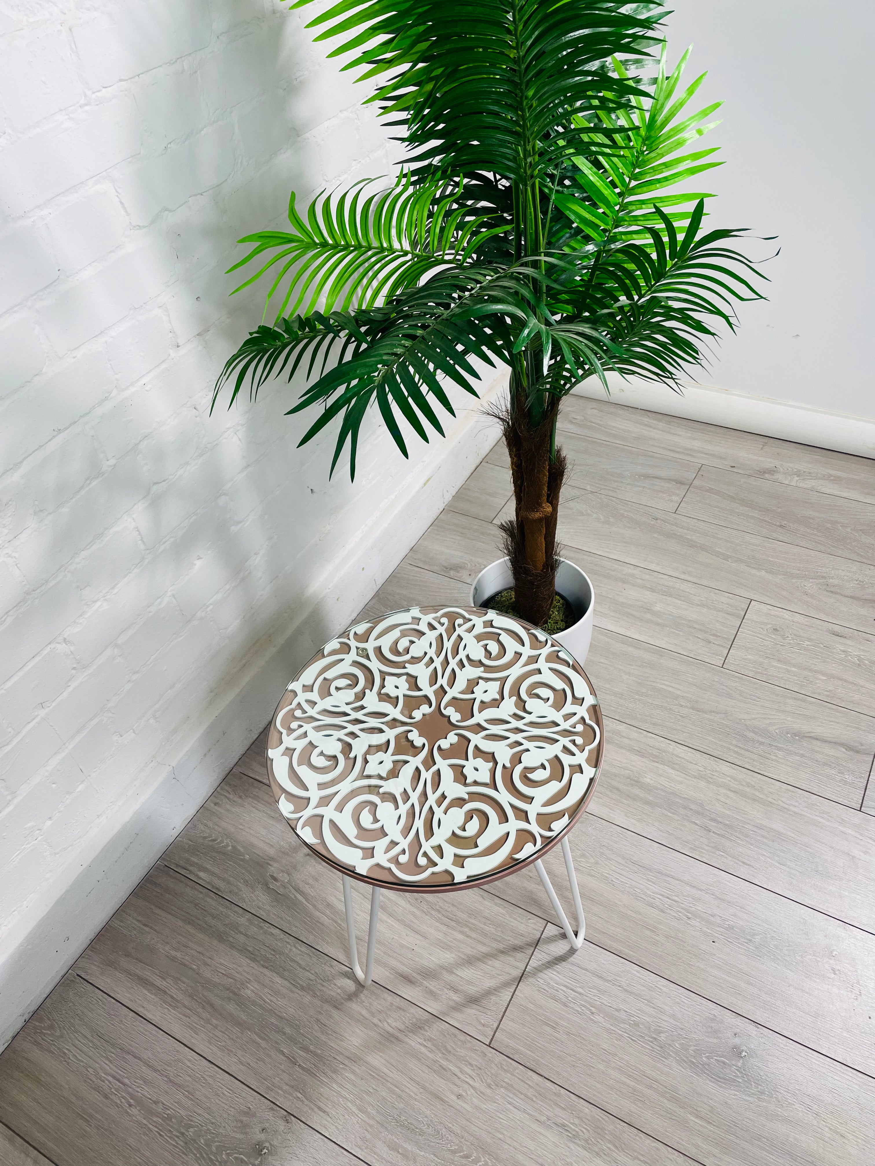 Arabesque Moroccan Side Table in Pastel Pink and White Finish Pin Legs Zellige Table Glass Top