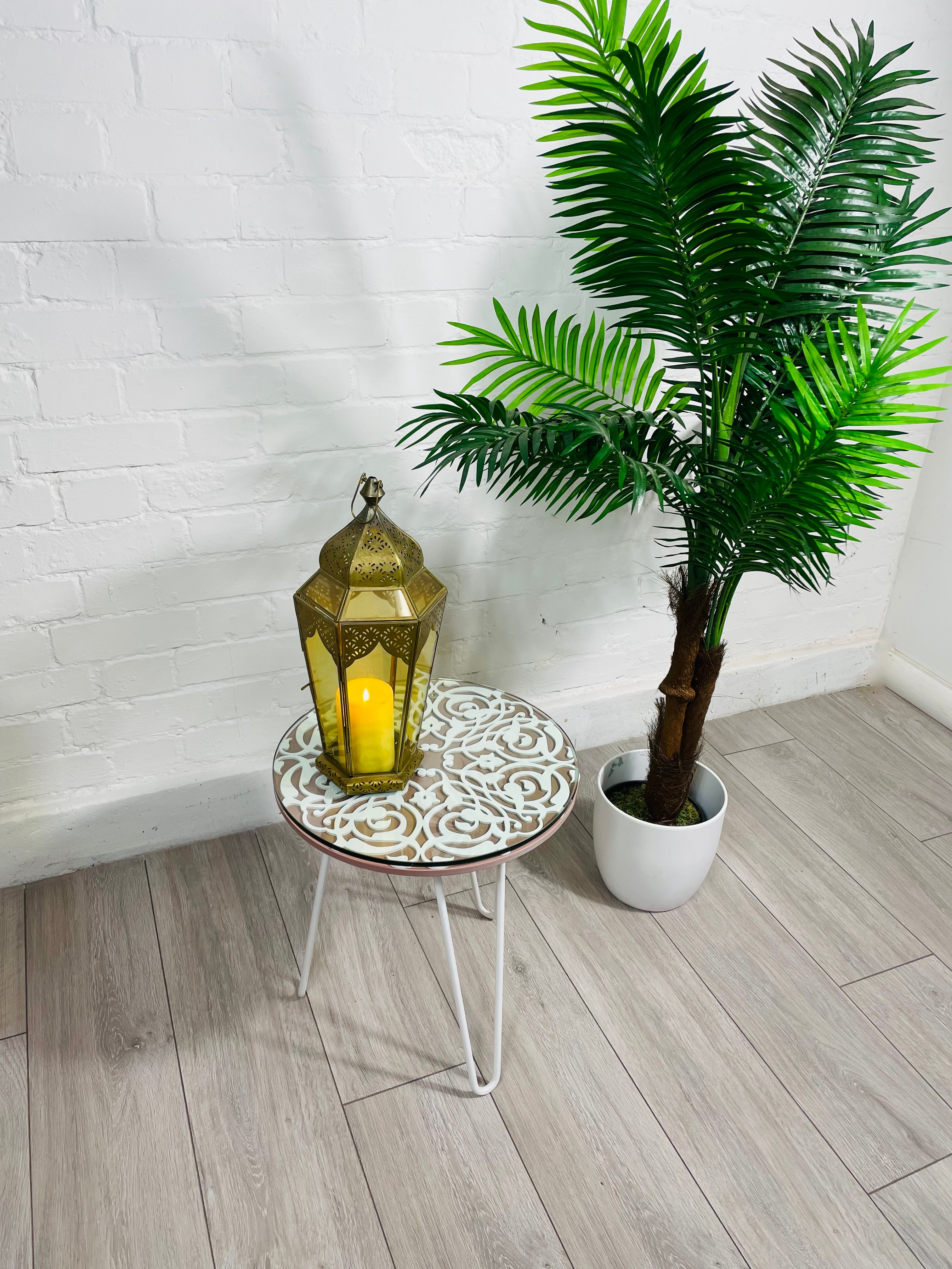 Arabesque Moroccan Side Table in Pastel Pink and White Finish Pin Legs Zellige Table Glass Top