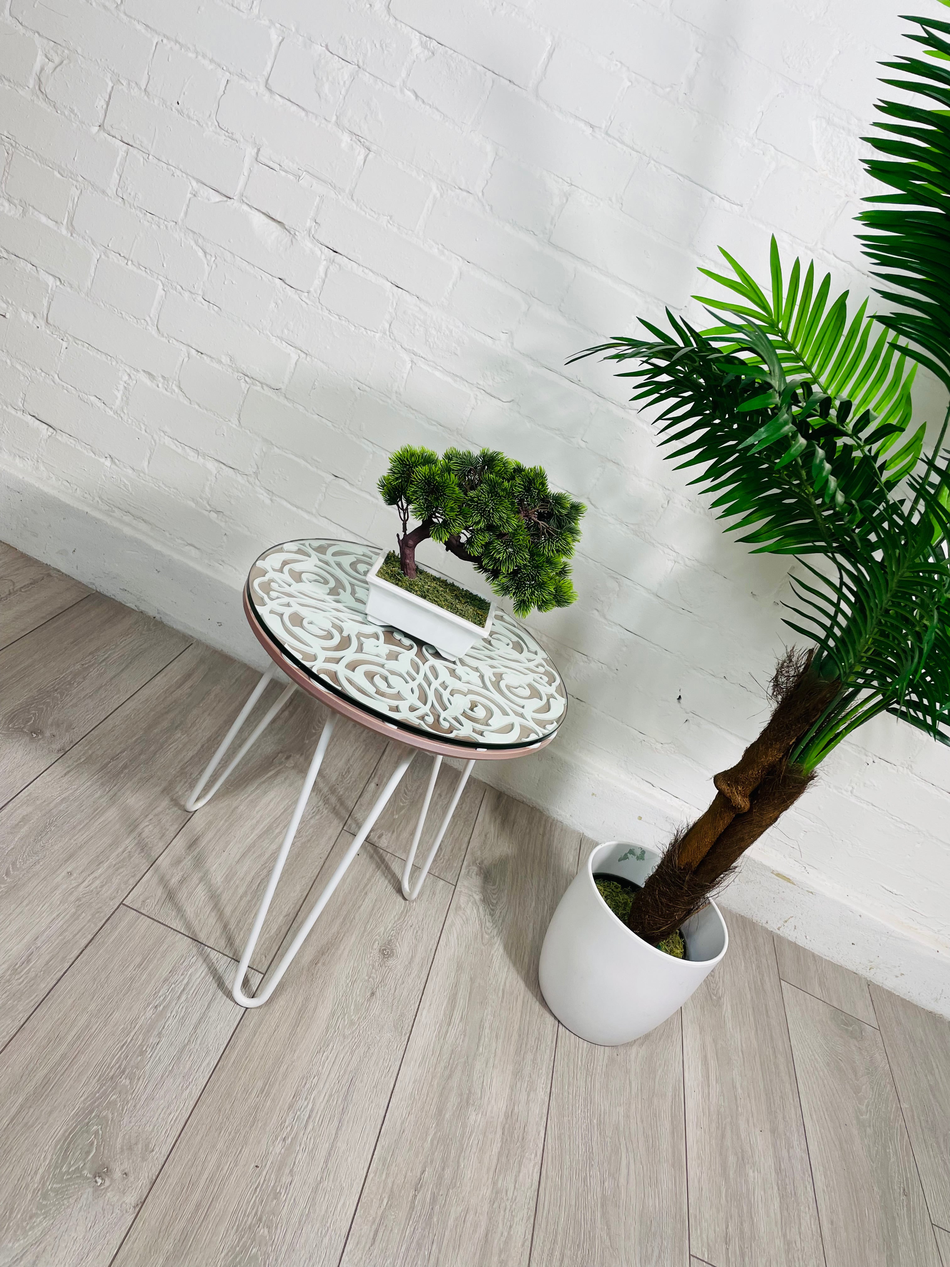 Arabesque Moroccan Side Table in Pastel Pink and White Finish Pin Legs Zellige Table Glass Top