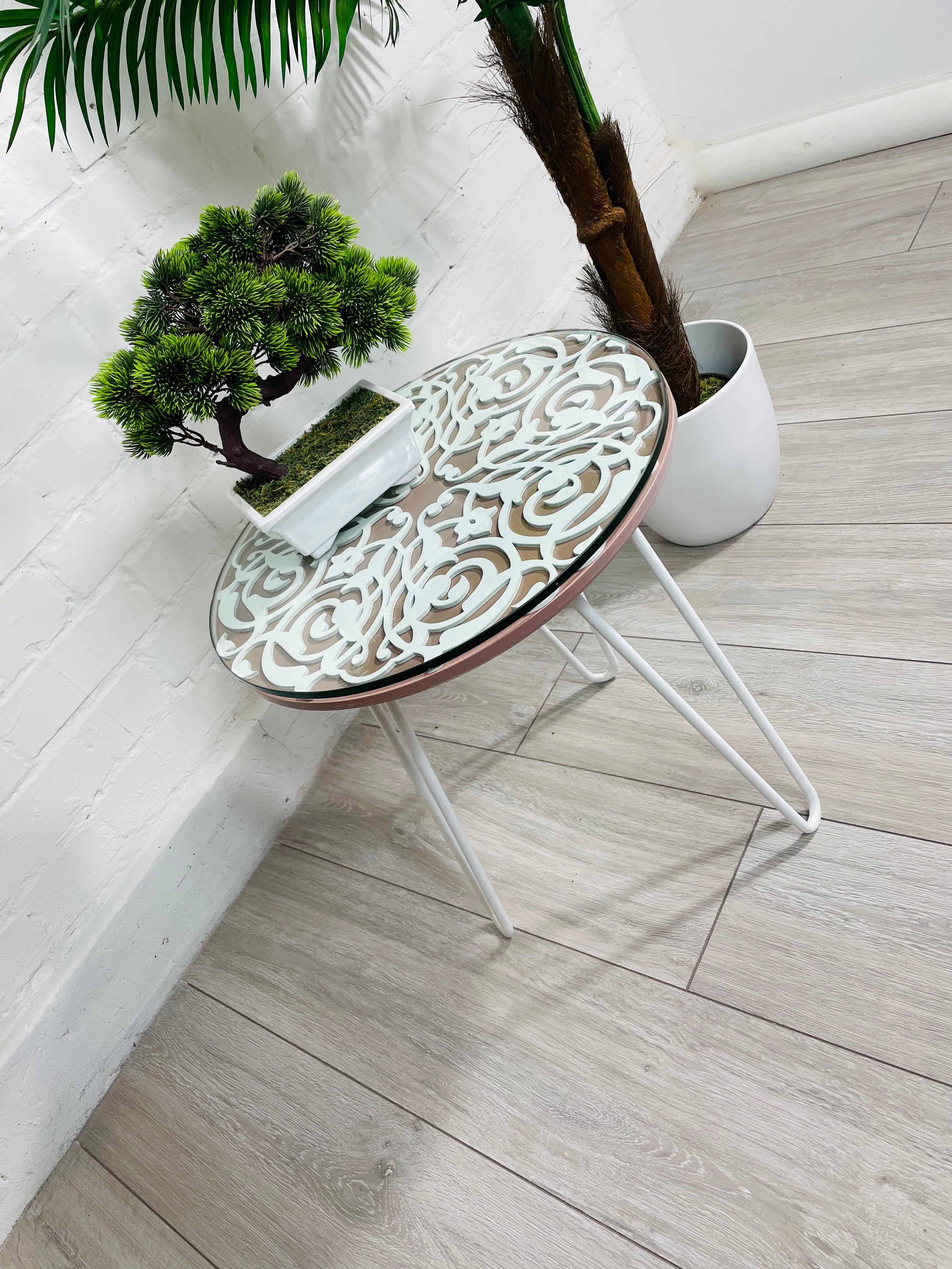 Arabesque Moroccan Side Table in Pastel Pink and White Finish Pin Legs Zellige Table Glass Top