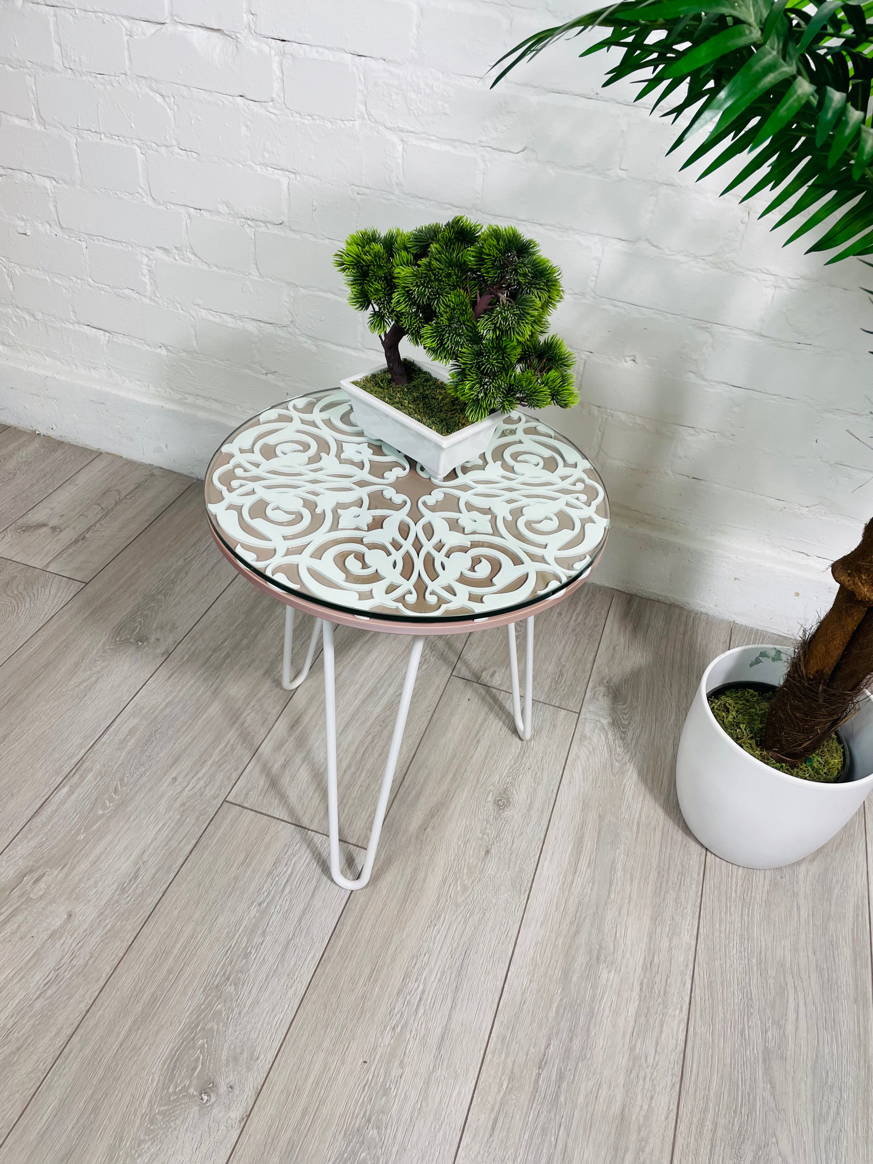 Arabesque Moroccan Side Table in Pastel Pink and White Finish Pin Legs Zellige Table Glass Top