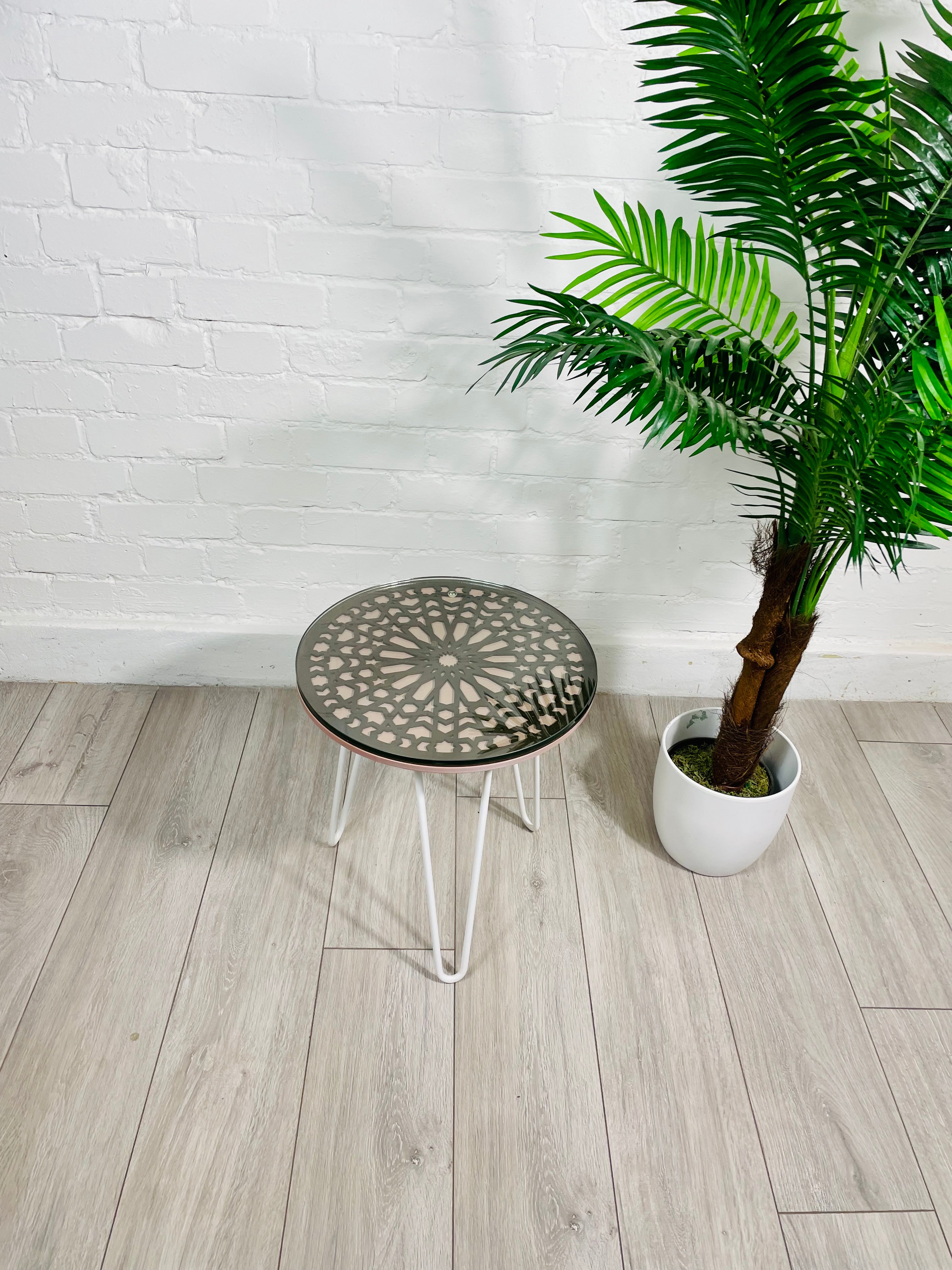 Moroccan Mosaic Side Table Pin Legs, Zellige Table In Pastel Dusty Pink And Walnut Wood stain with Glass Top