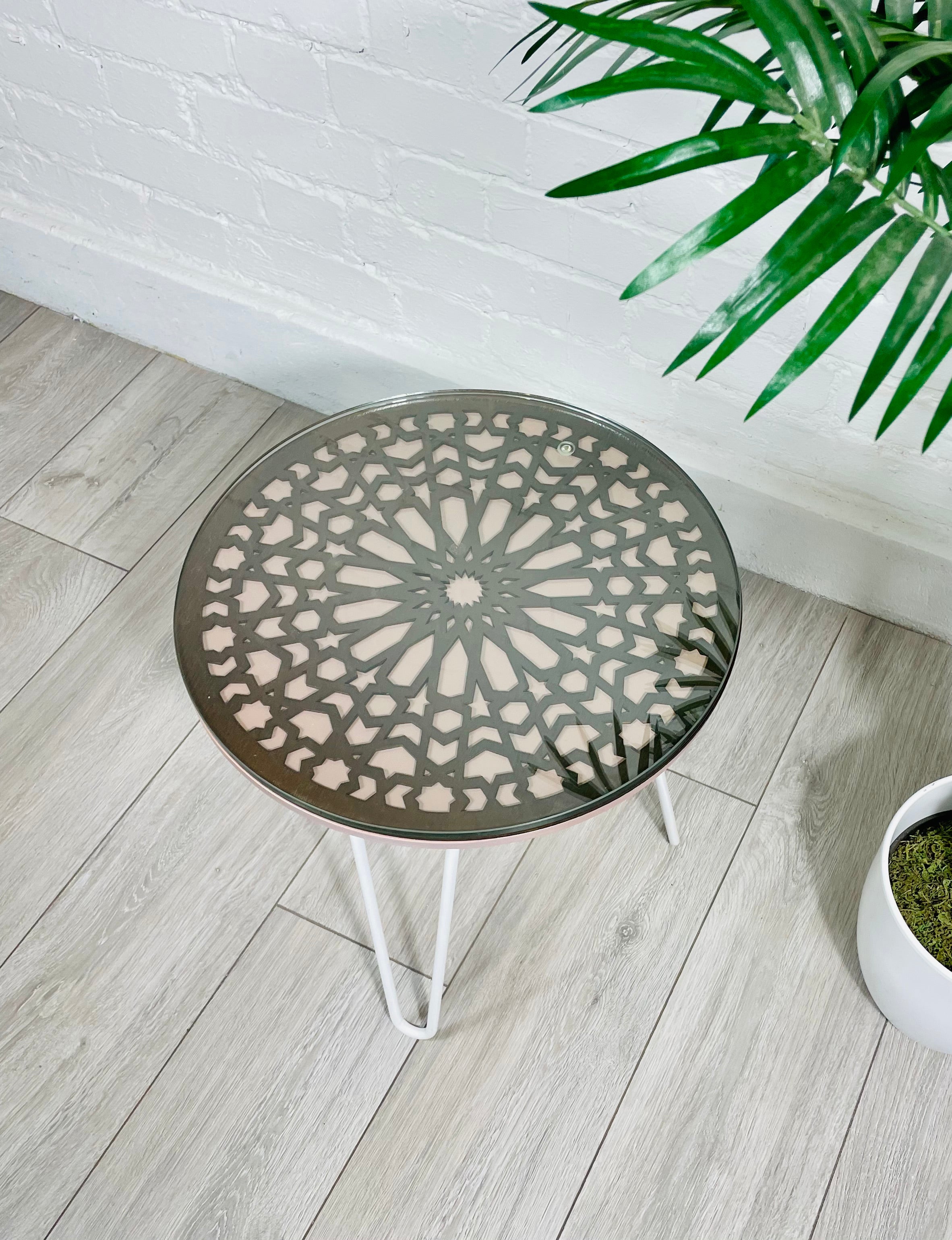 Moroccan Mosaic Side Table Pin Legs, Zellige Table In Pastel Dusty Pink And Walnut Wood stain with Glass Top