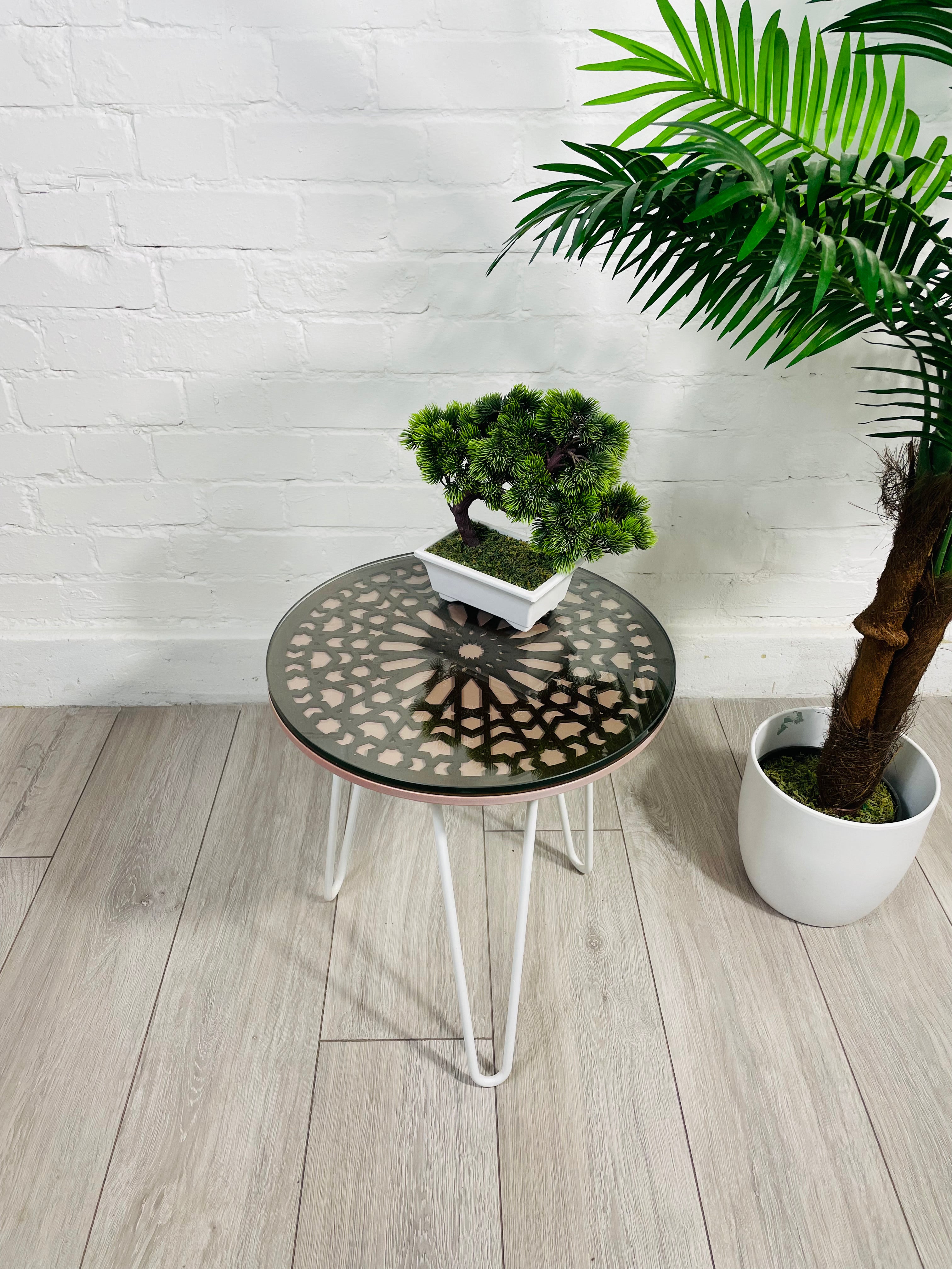 Moroccan Mosaic Side Table Pin Legs, Zellige Table In Pastel Dusty Pink And Walnut Wood stain with Glass Top