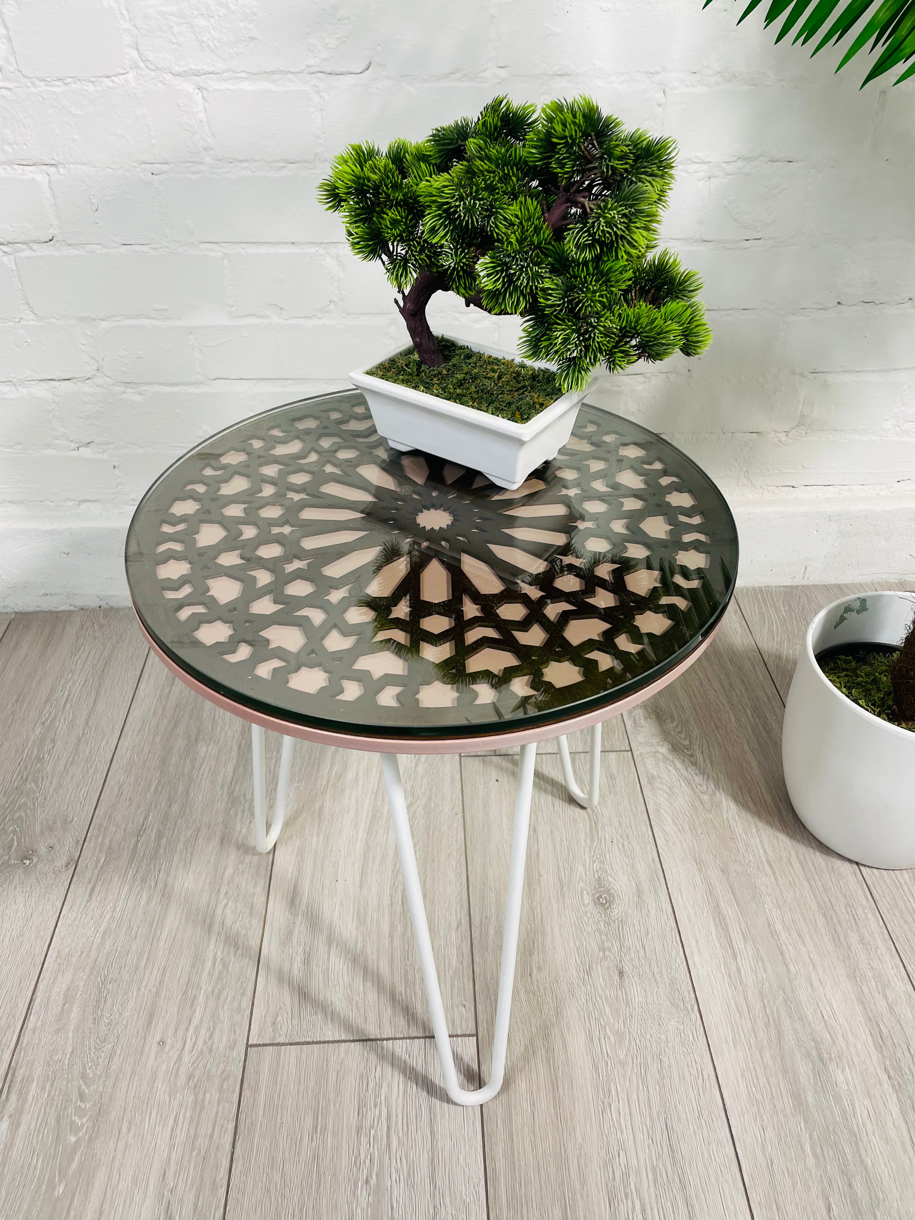 Moroccan Mosaic Side Table Pin Legs, Zellige Table In Pastel Dusty Pink And Walnut Wood stain with Glass Top