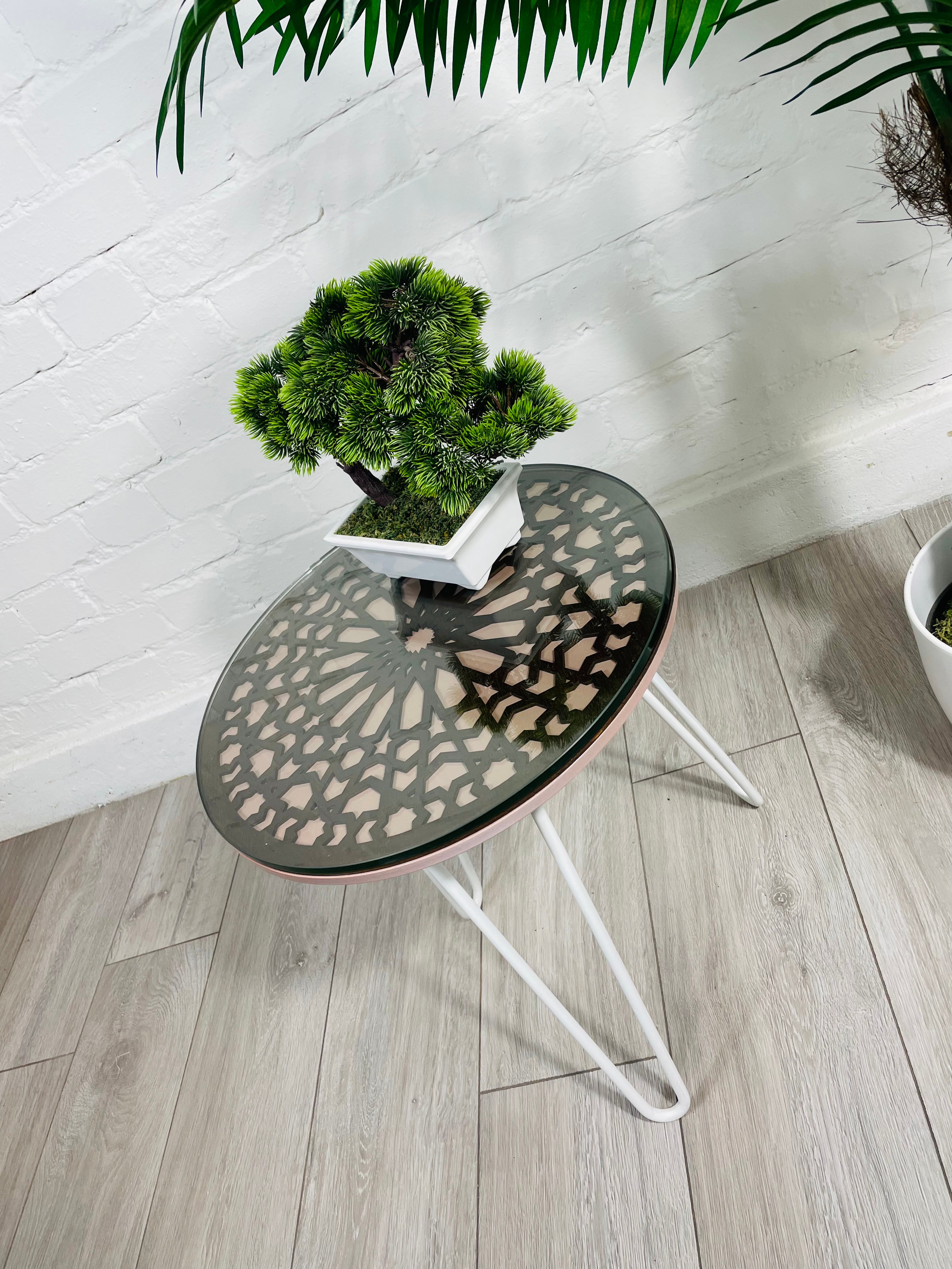 Moroccan Mosaic Side Table Pin Legs, Zellige Table In Pastel Dusty Pink And Walnut Wood stain with Glass Top