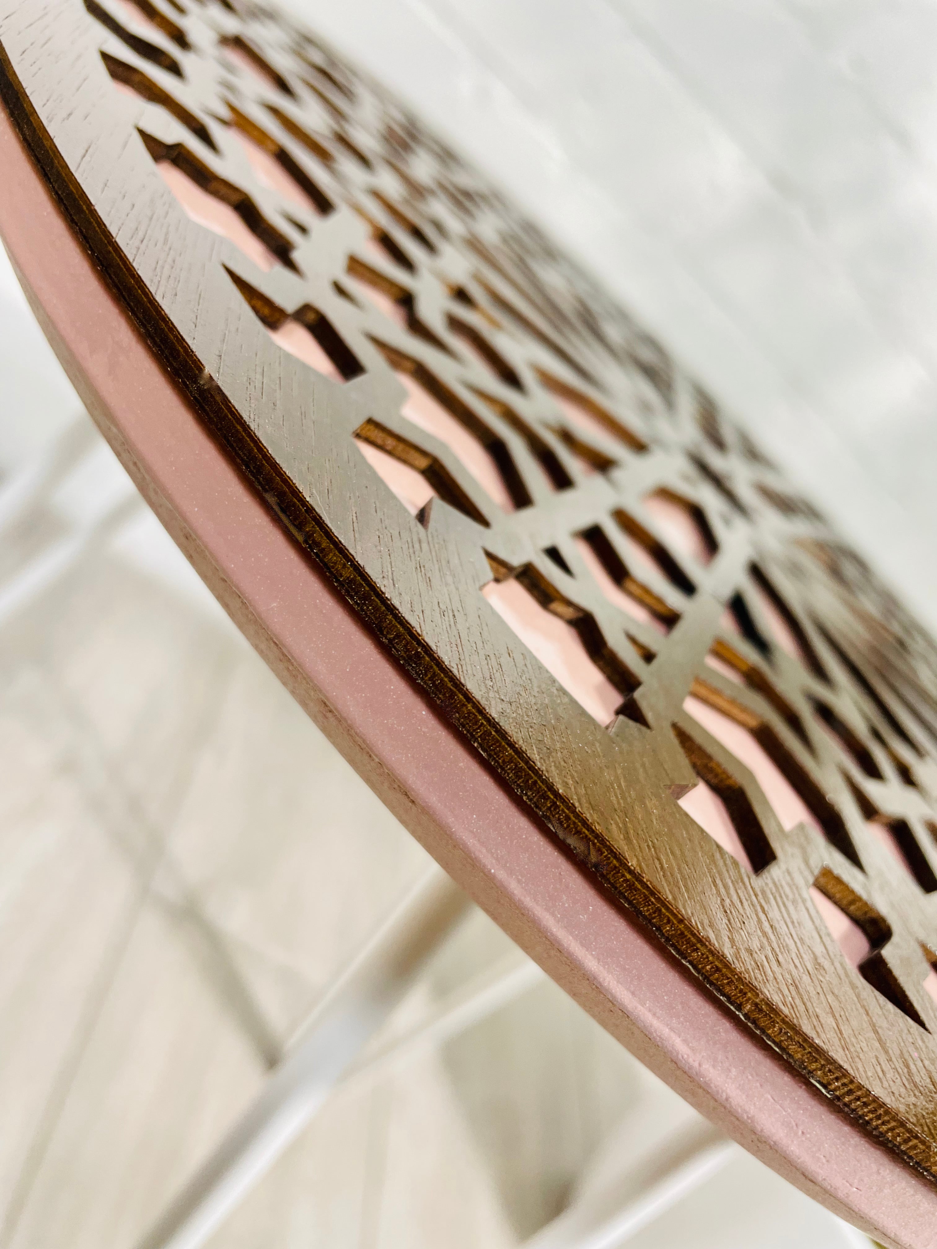Moroccan Mosaic Side Table Pin Legs, Zellige Table In Pastel Dusty Pink And Walnut Wood stain with Glass Top
