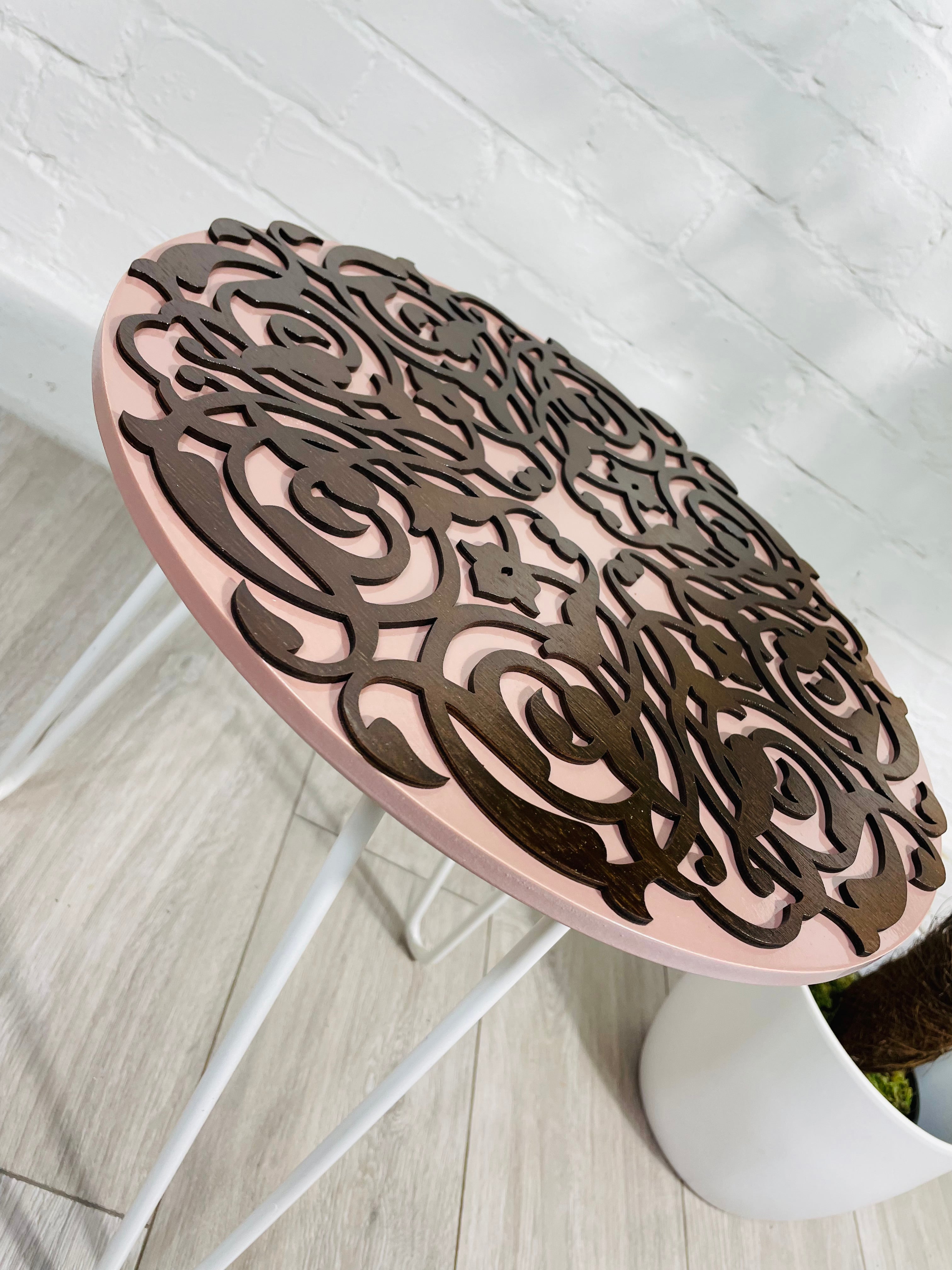 Arabesque Moroccan Side Table in Pastel Pink and Walnut Finish Pin Legs Zellige Table Glass Top