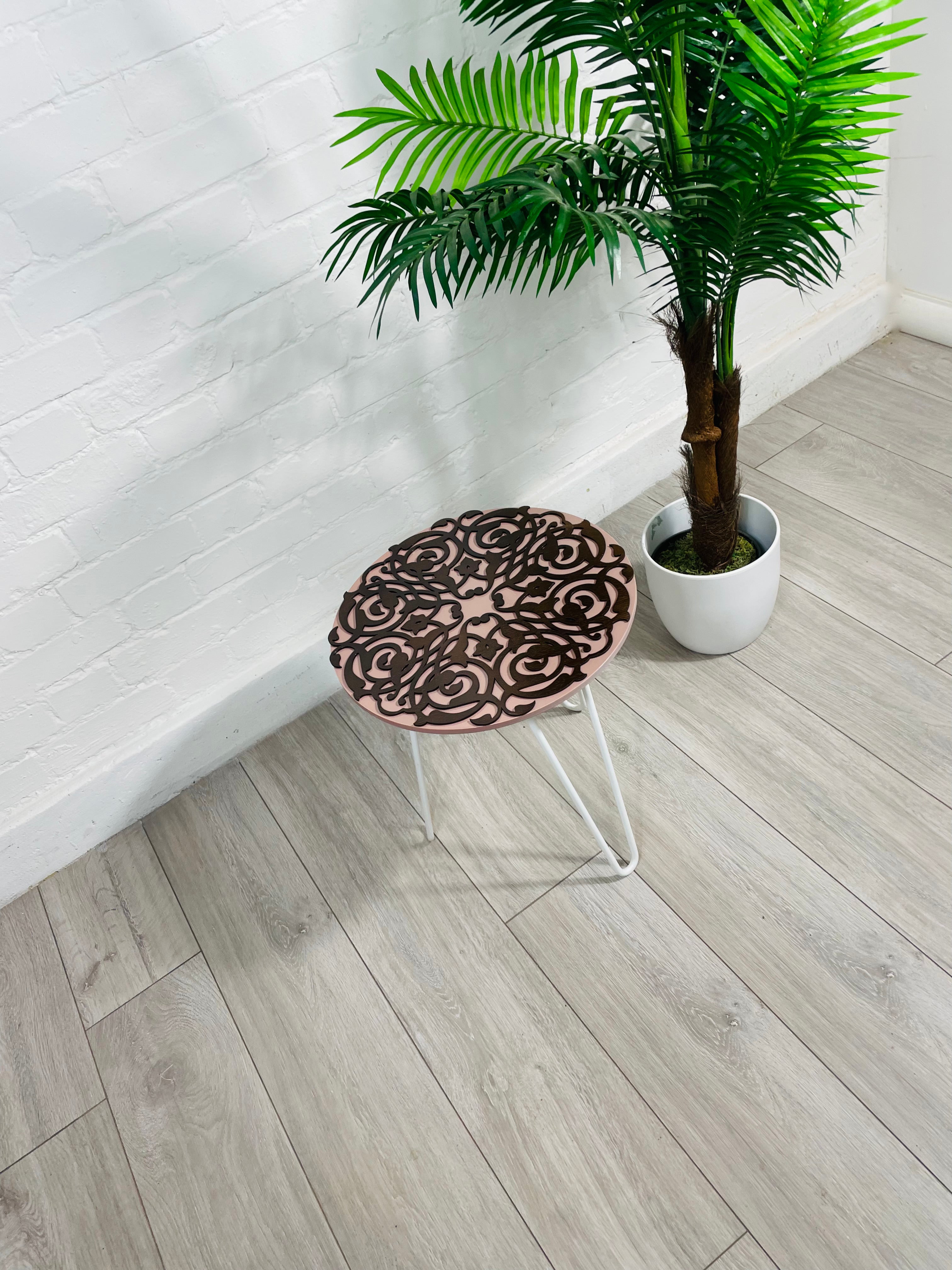 Arabesque Moroccan Side Table in Pastel Pink and Walnut Finish Pin Legs Zellige Table Glass Top