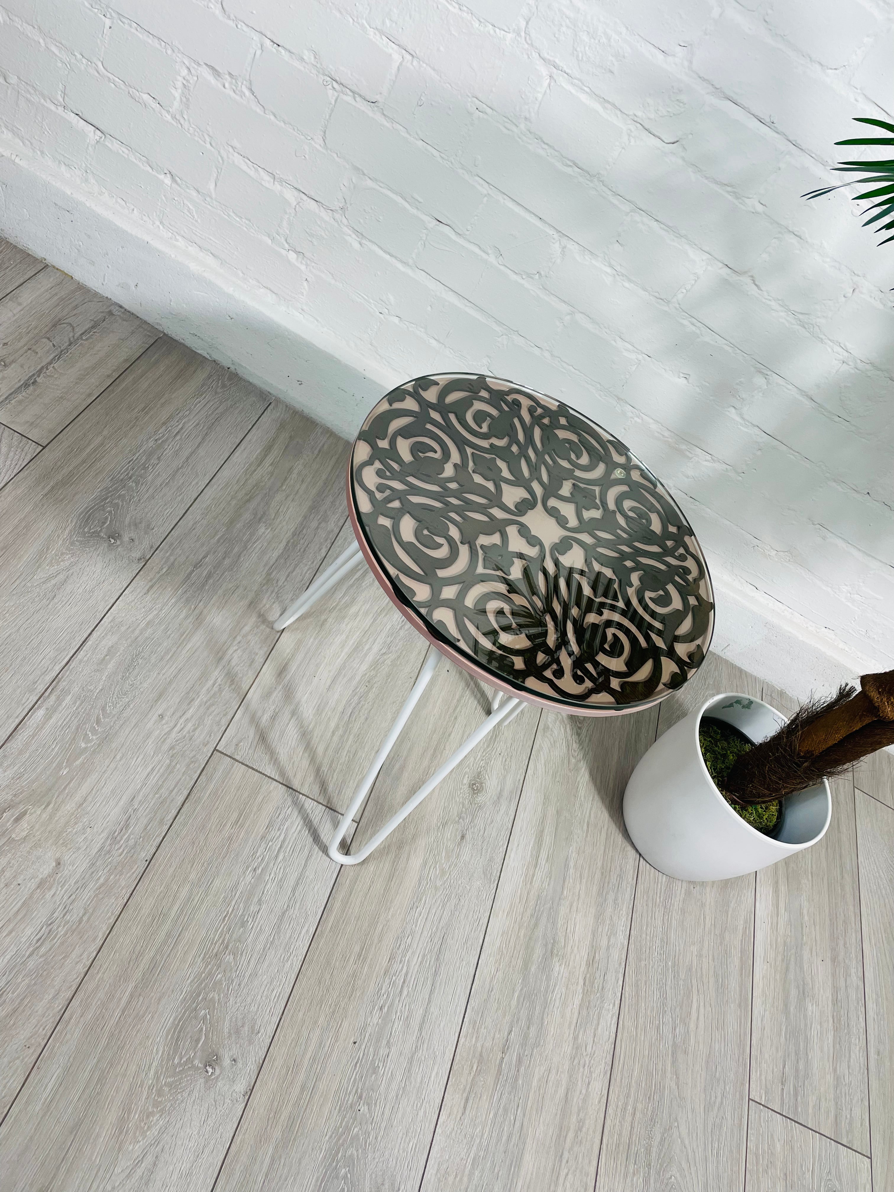 Arabesque Moroccan Side Table in Pastel Pink and Walnut Finish Pin Legs Zellige Table Glass Top