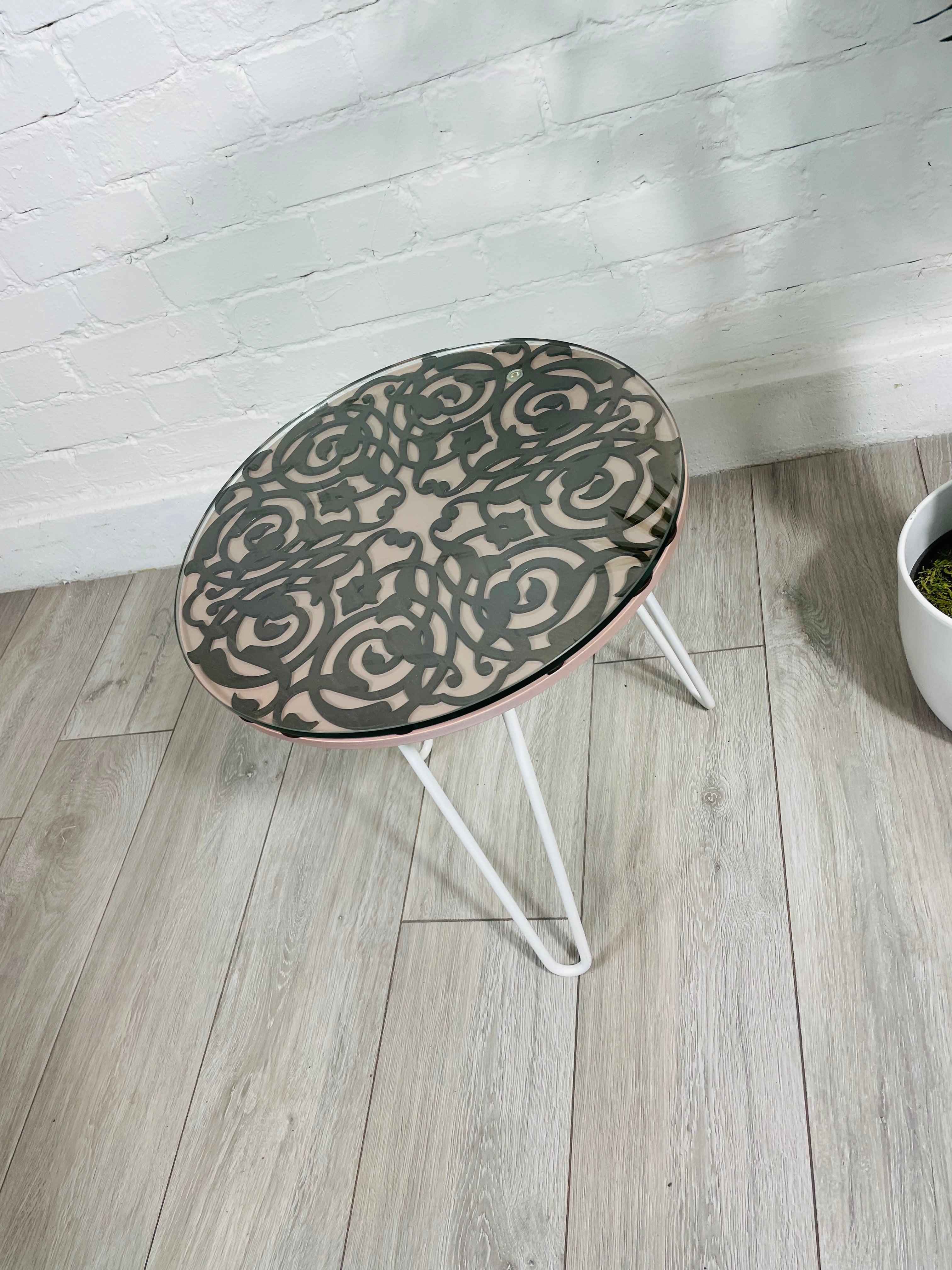 Arabesque Moroccan Side Table in Pastel Pink and Walnut Finish Pin Legs Zellige Table Glass Top