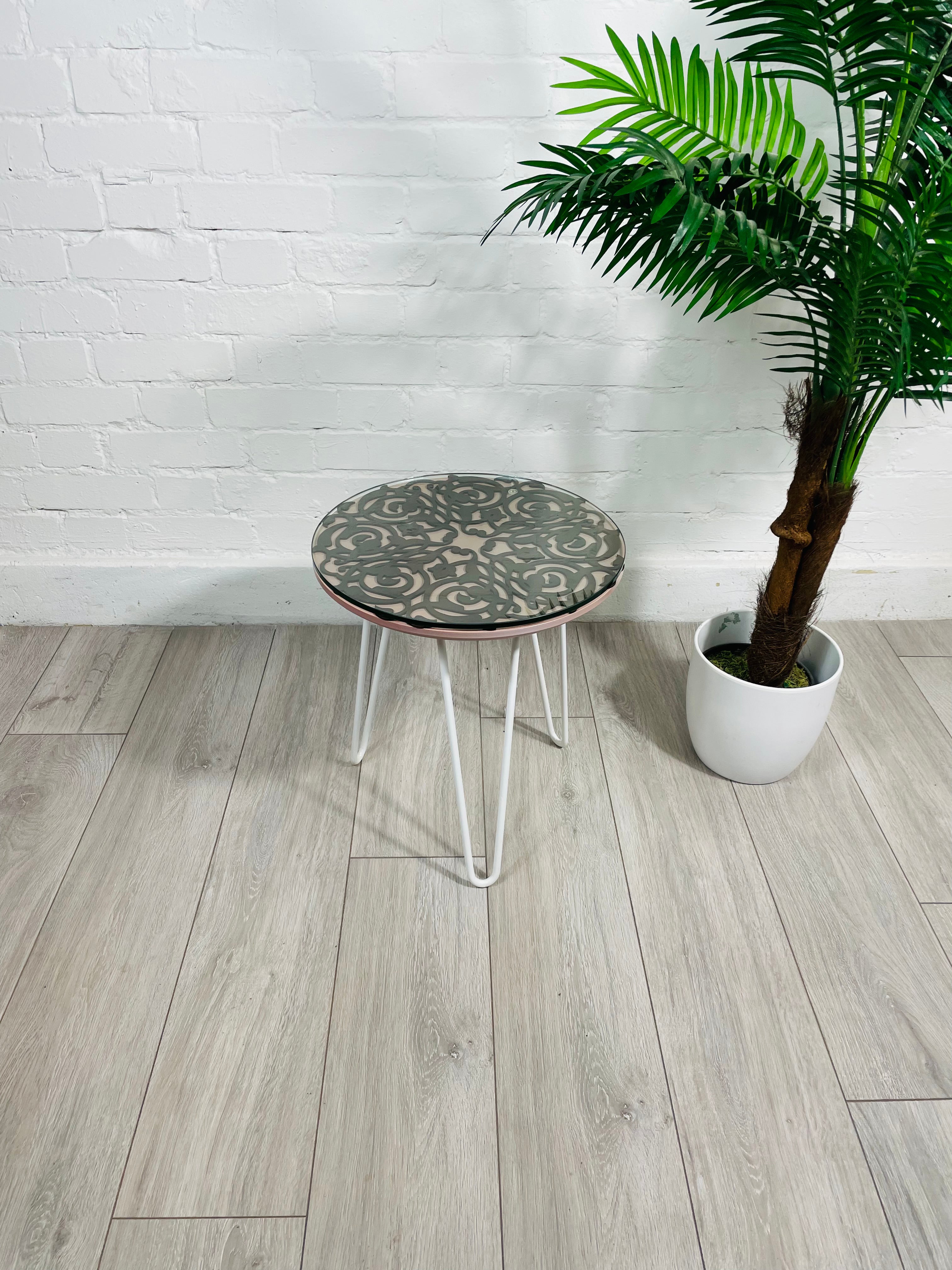 Arabesque Moroccan Side Table in Pastel Pink and Walnut Finish Pin Legs Zellige Table Glass Top