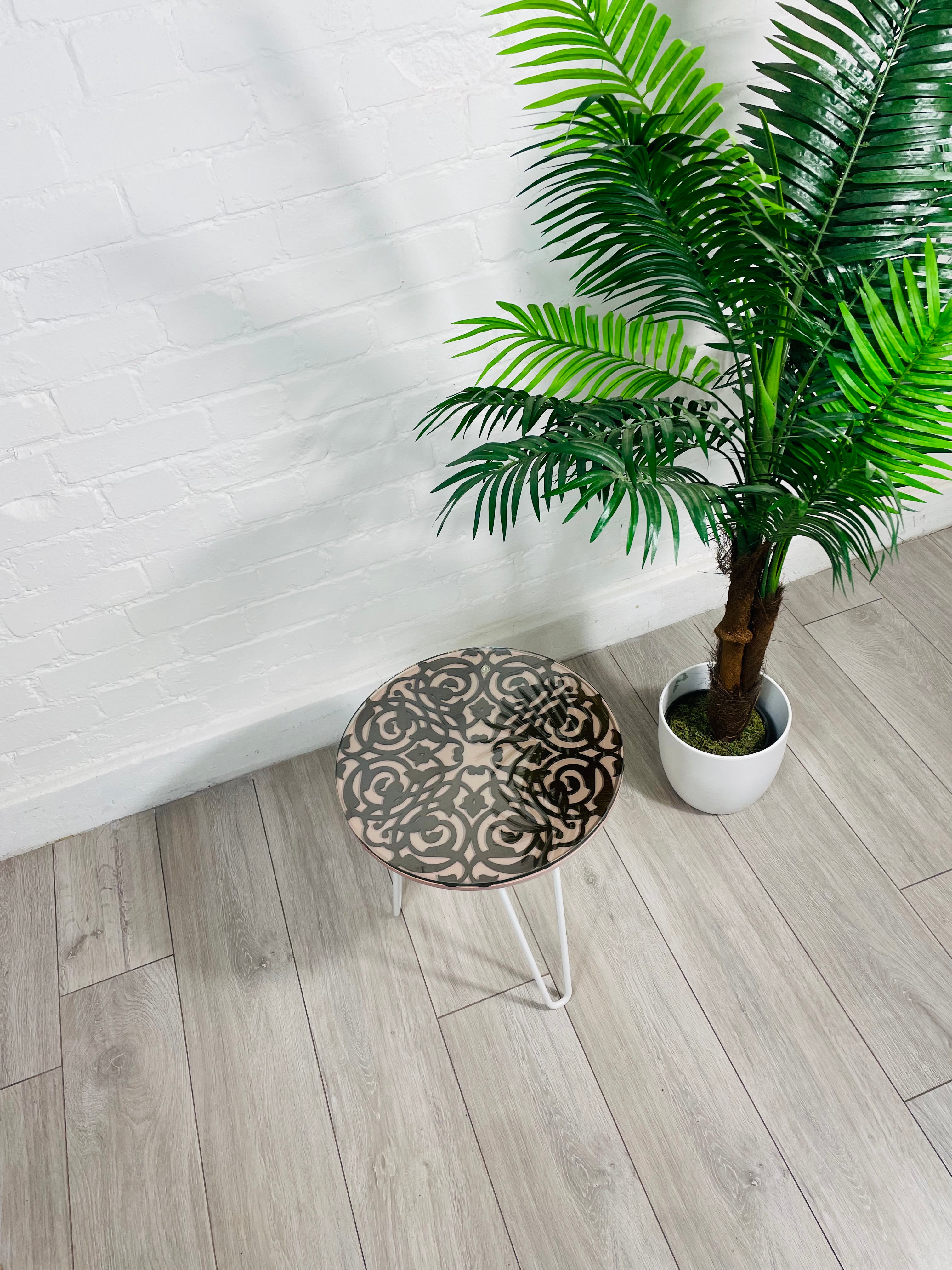 Arabesque Moroccan Side Table in Pastel Pink and Walnut Finish Pin Legs Zellige Table Glass Top