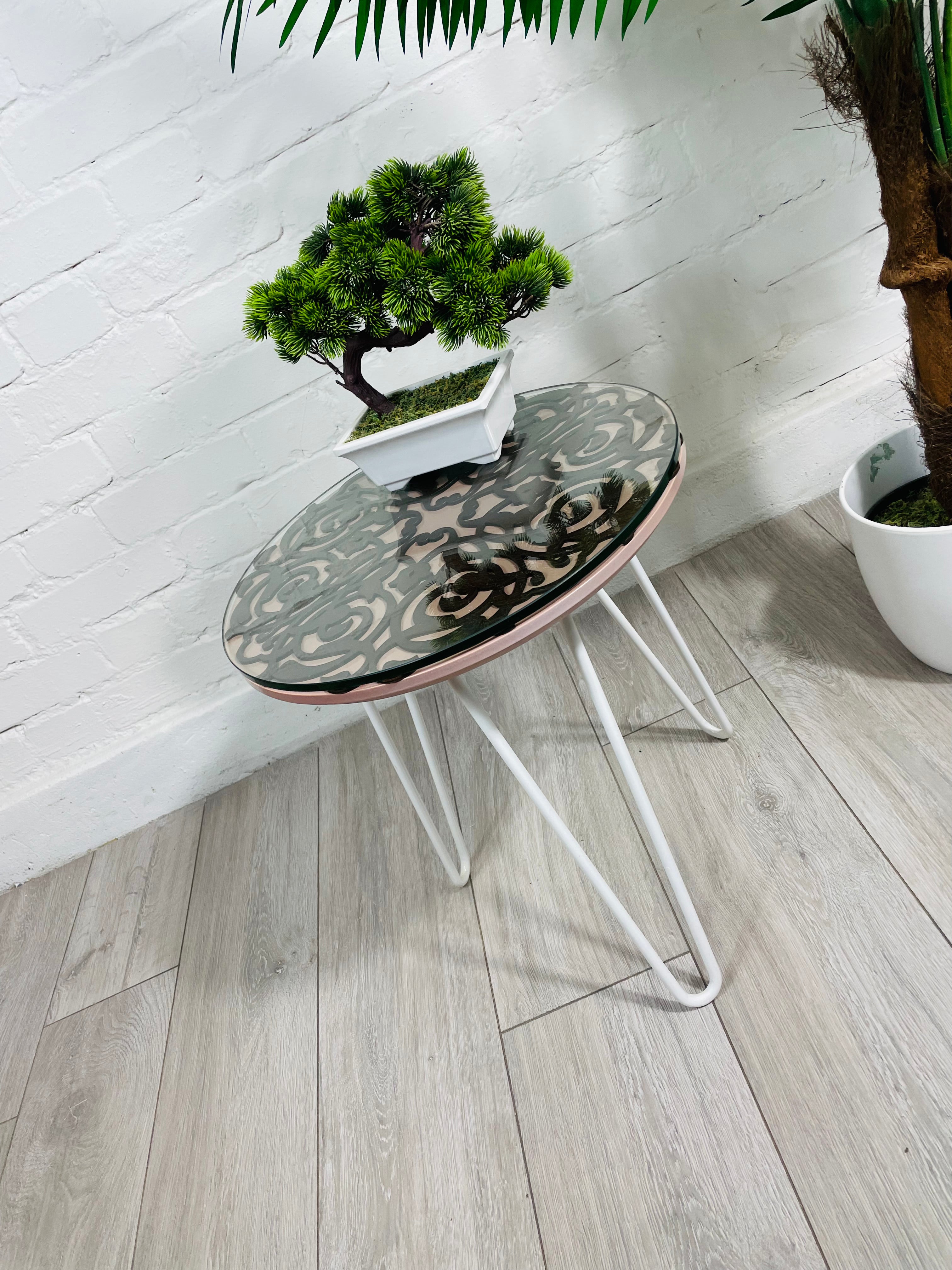 Arabesque Moroccan Side Table in Pastel Pink and Walnut Finish Pin Legs Zellige Table Glass Top
