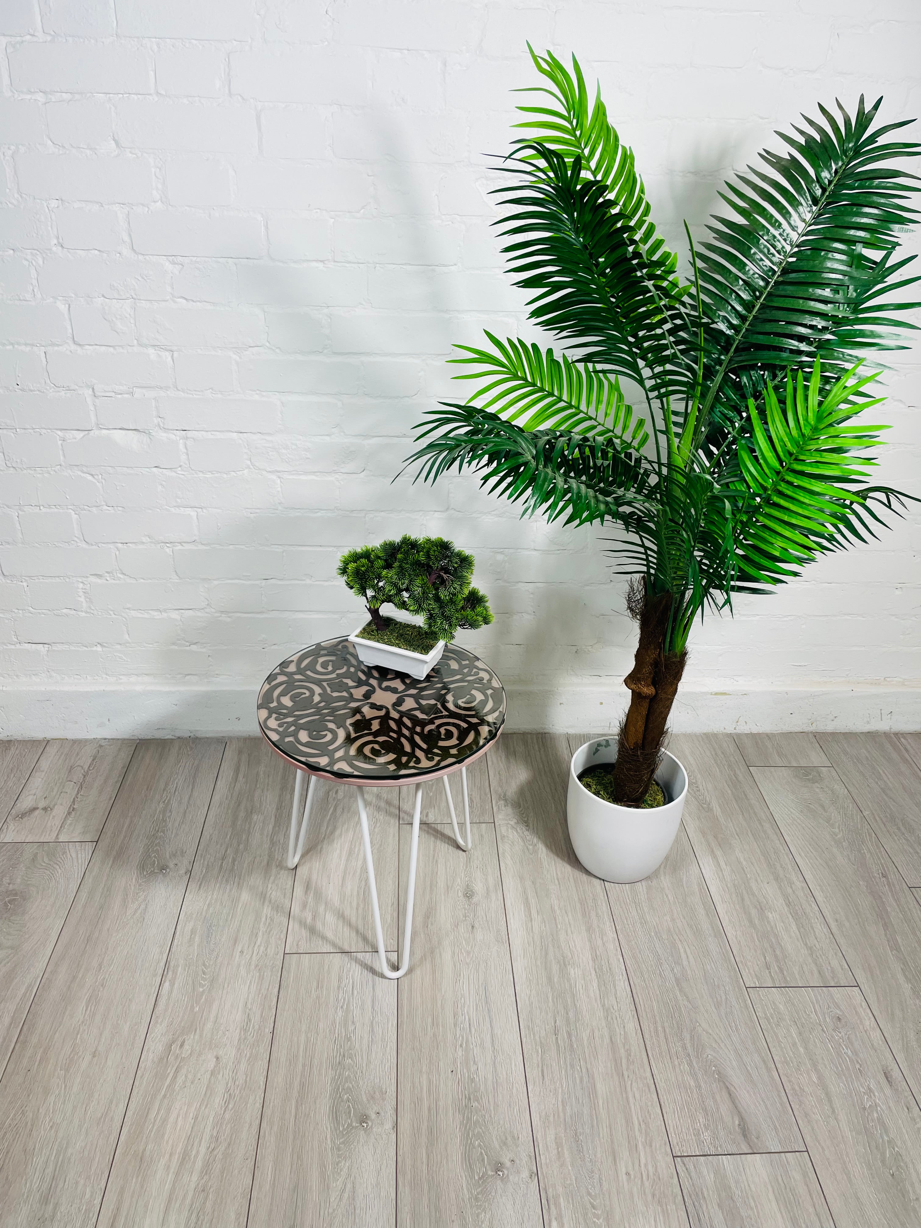Arabesque Moroccan Side Table in Pastel Pink and Walnut Finish Pin Legs Zellige Table Glass Top