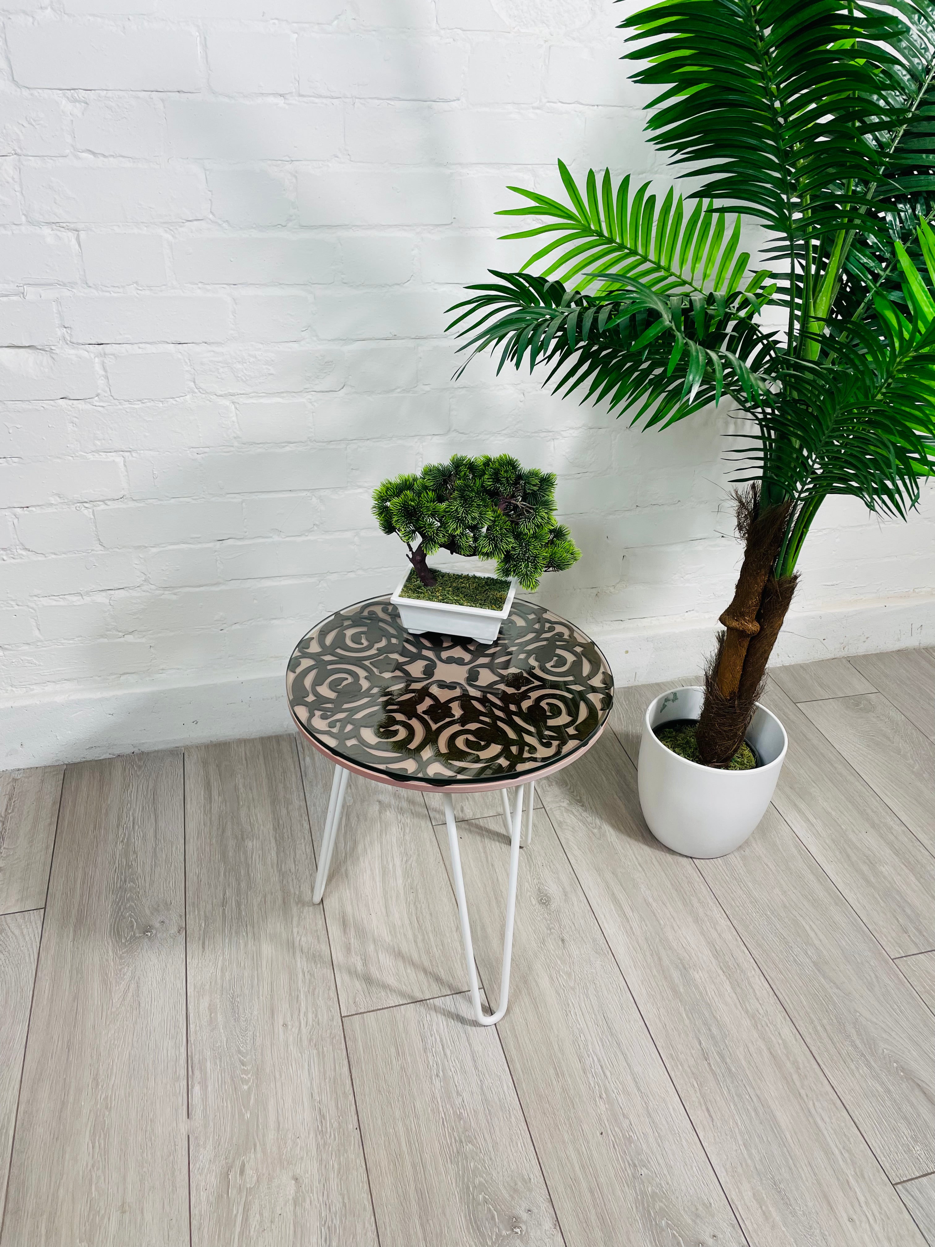 Arabesque Moroccan Side Table in Pastel Pink and Walnut Finish Pin Legs Zellige Table Glass Top