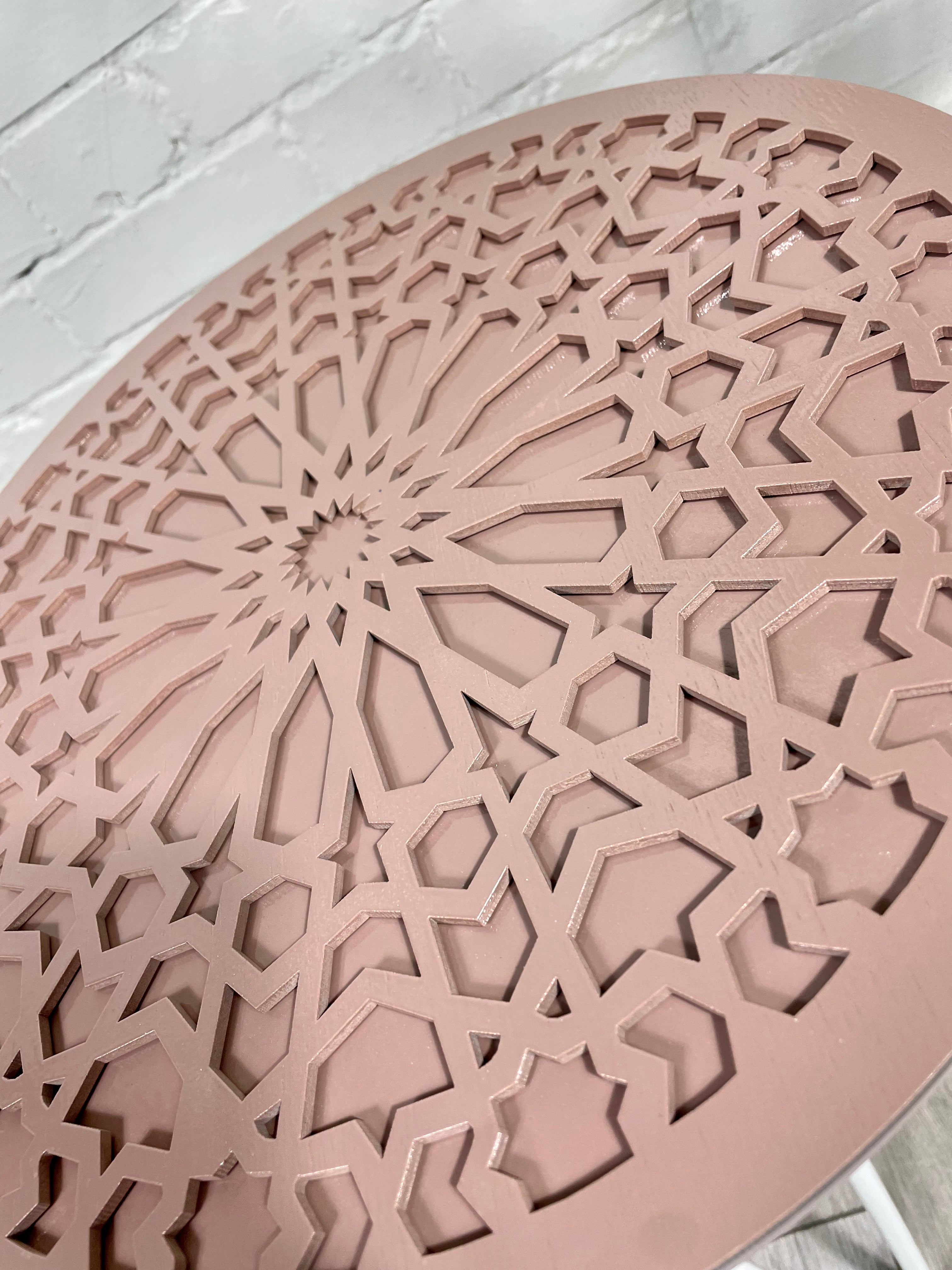 Moroccan Mosaic Side Table Pin Legs, Zellige Table In Pastel Dusty Pink with Glass Top