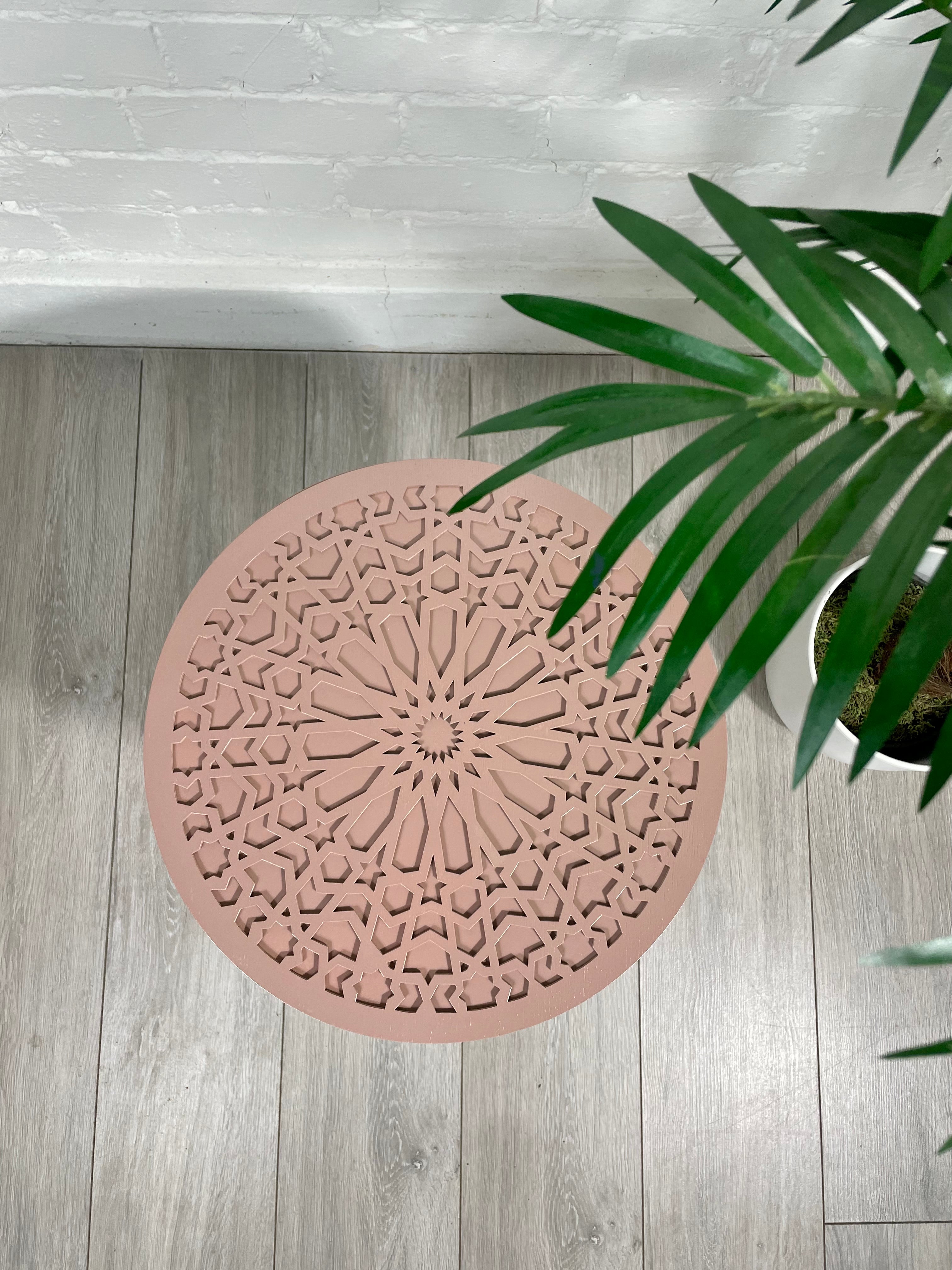 Moroccan Mosaic Side Table Pin Legs, Zellige Table In Pastel Dusty Pink with Glass Top
