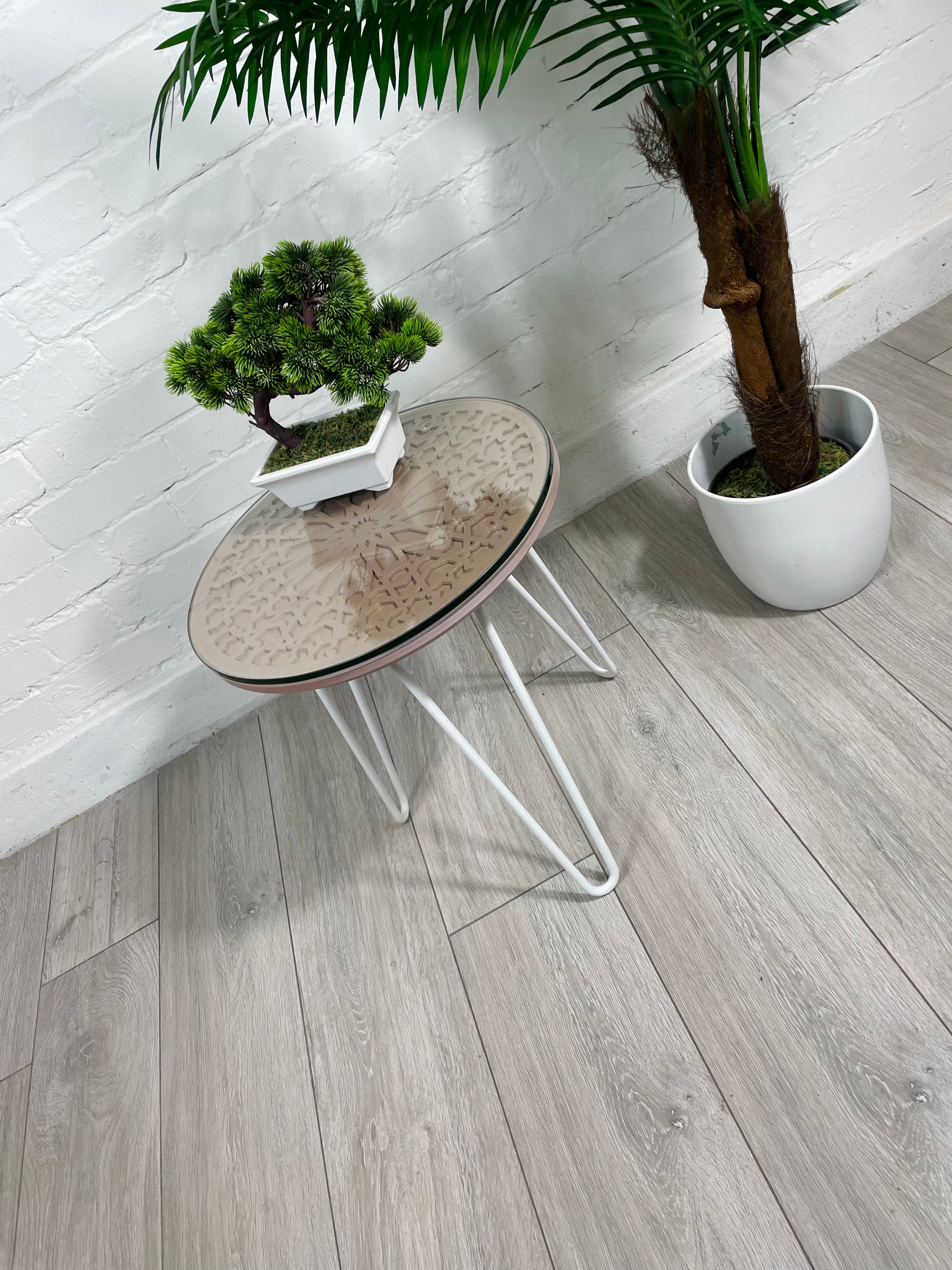 Moroccan Mosaic Side Table Pin Legs, Zellige Table In Pastel Dusty Pink with Glass Top