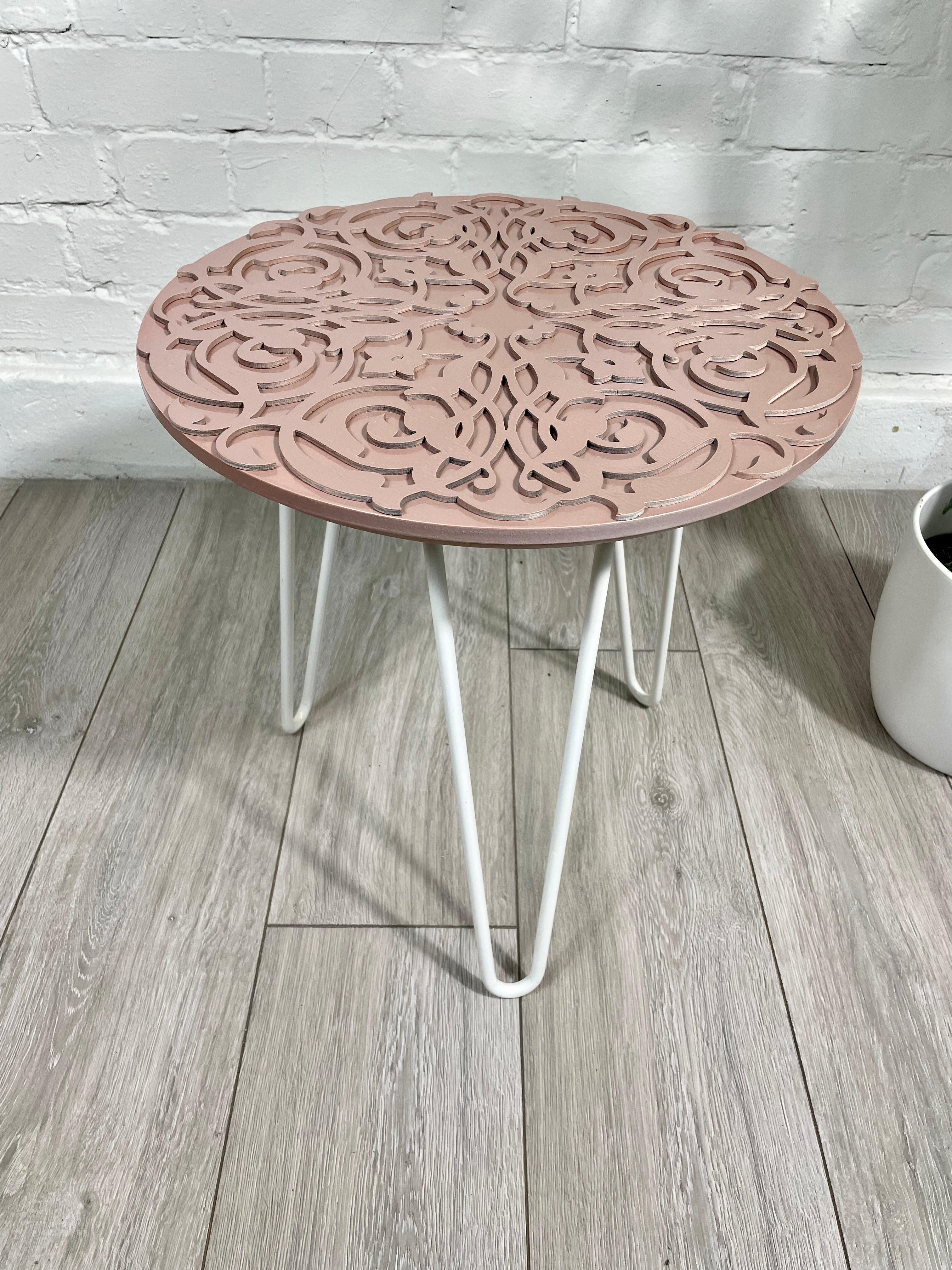 Arabesque Moroccan Side Table in Pastel Pink Finish Pin Legs Zellige Table Glass Top