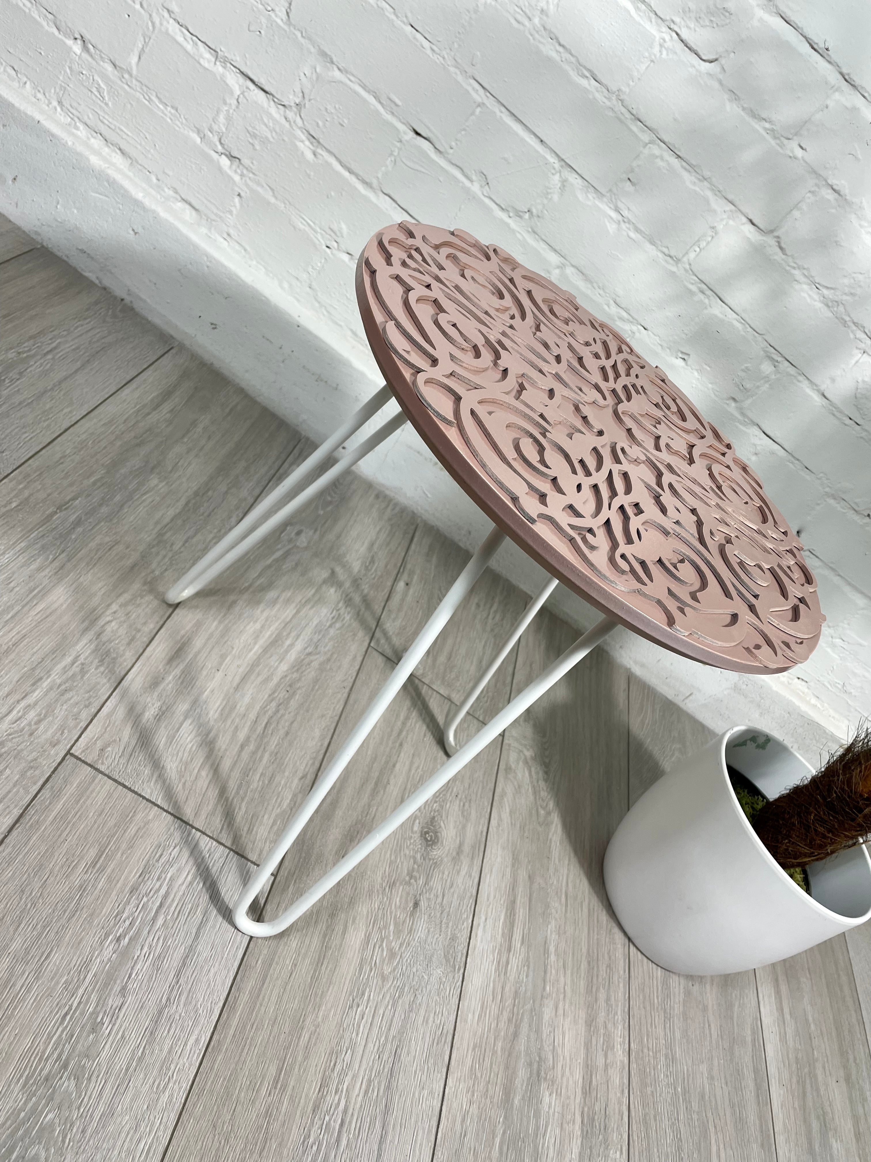 Arabesque Moroccan Side Table in Pastel Pink Finish Pin Legs Zellige Table Glass Top