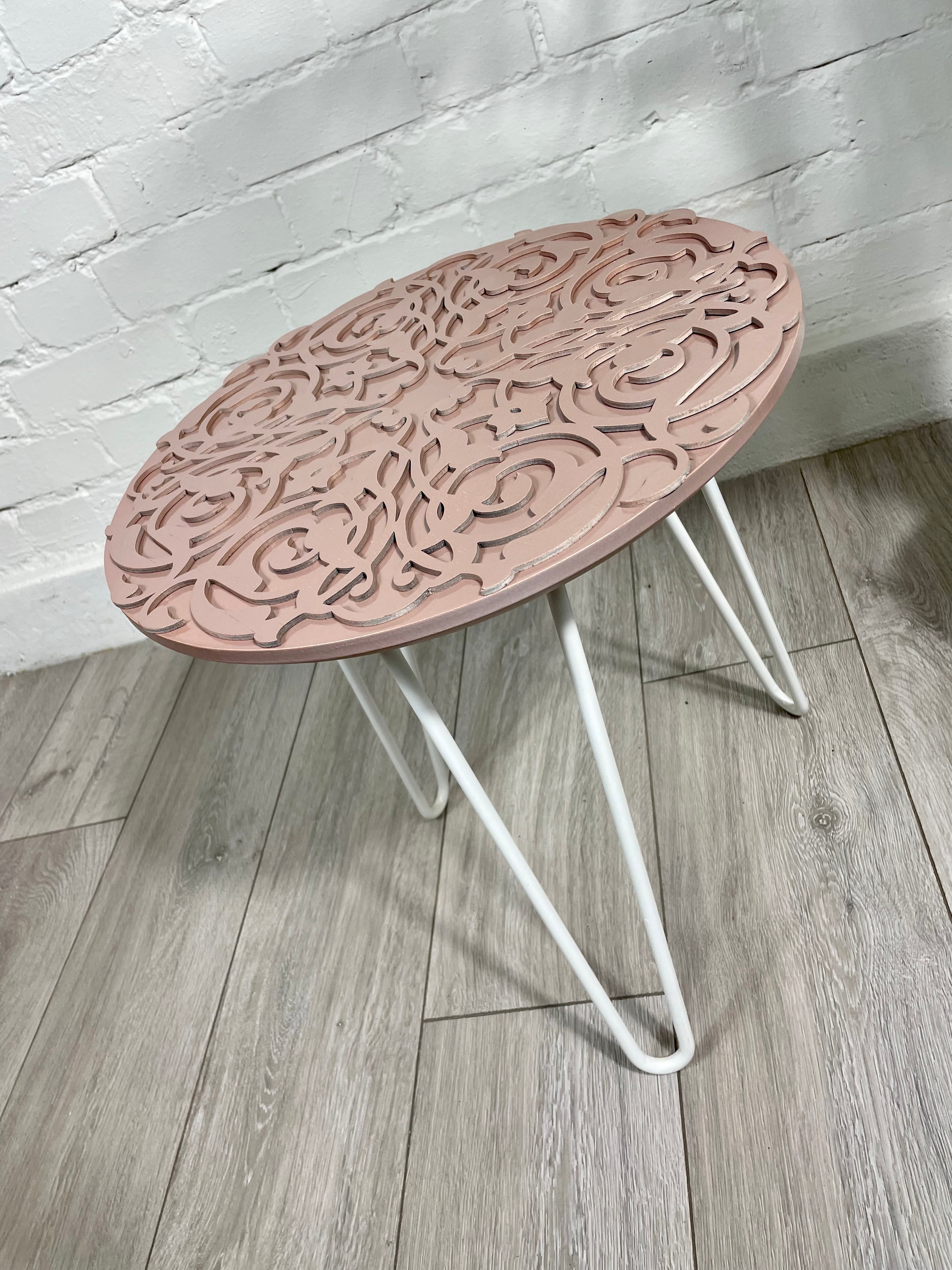Arabesque Moroccan Side Table in Pastel Pink Finish Pin Legs Zellige Table Glass Top
