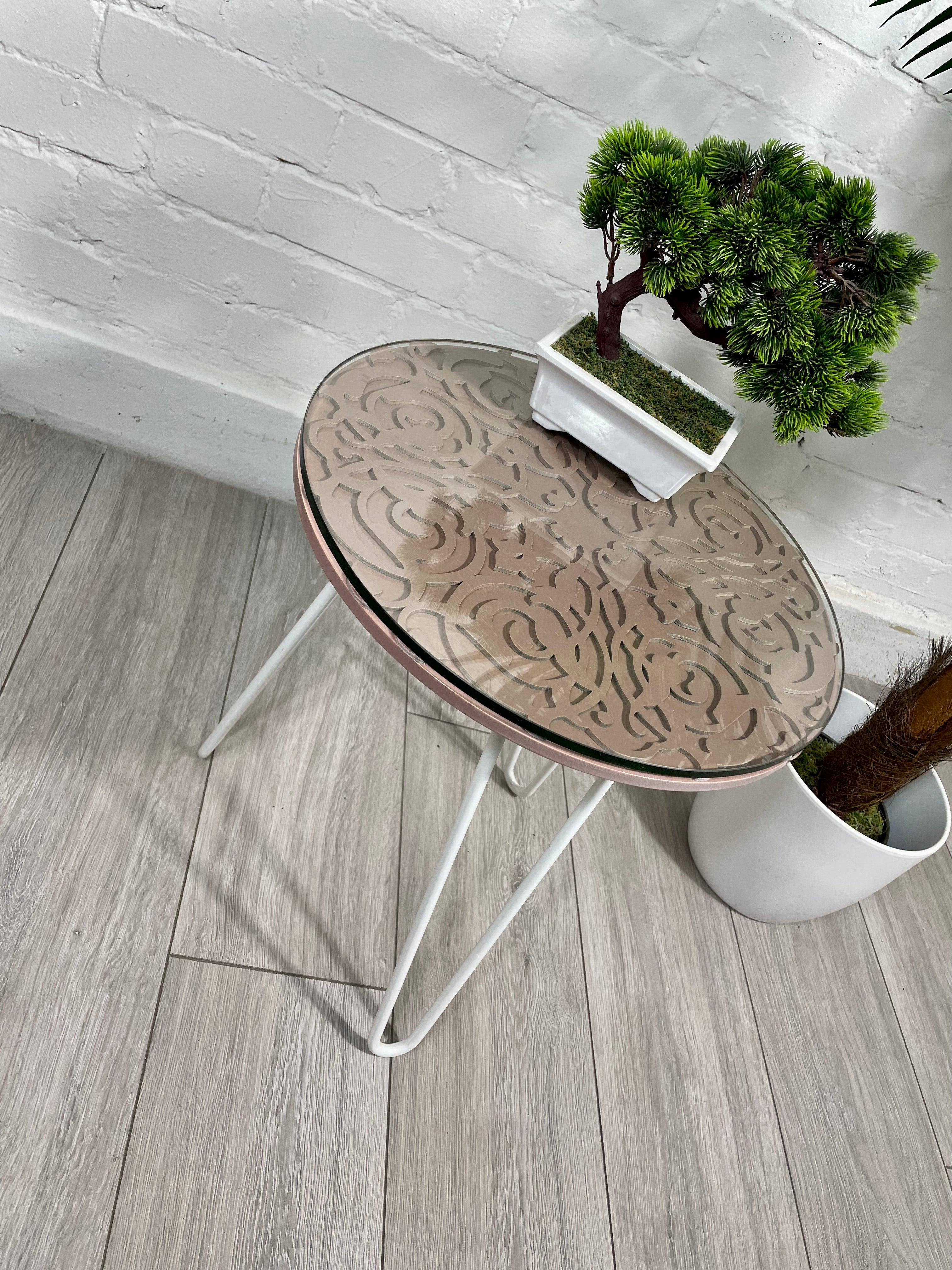 Arabesque Moroccan Side Table in Pastel Pink Finish Pin Legs Zellige Table Glass Top
