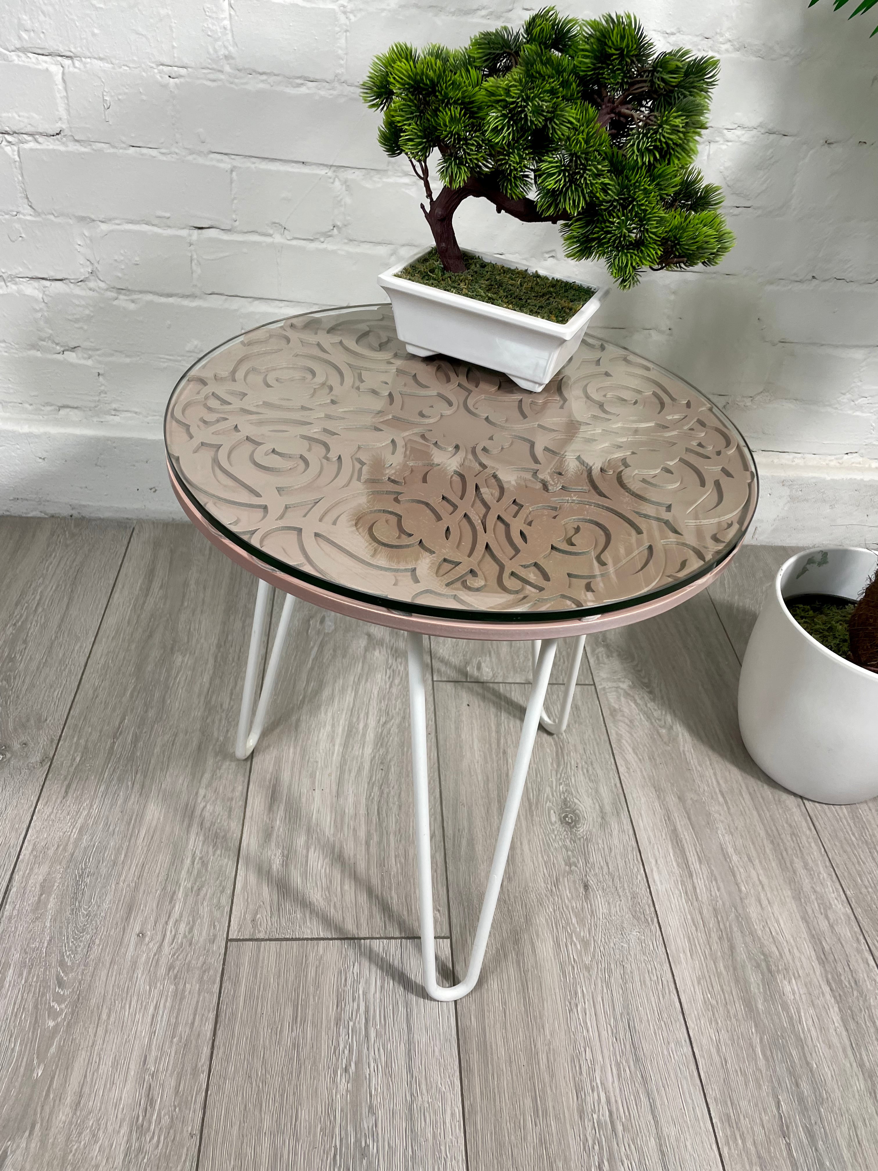 Arabesque Moroccan Side Table in Pastel Pink Finish Pin Legs Zellige Table Glass Top