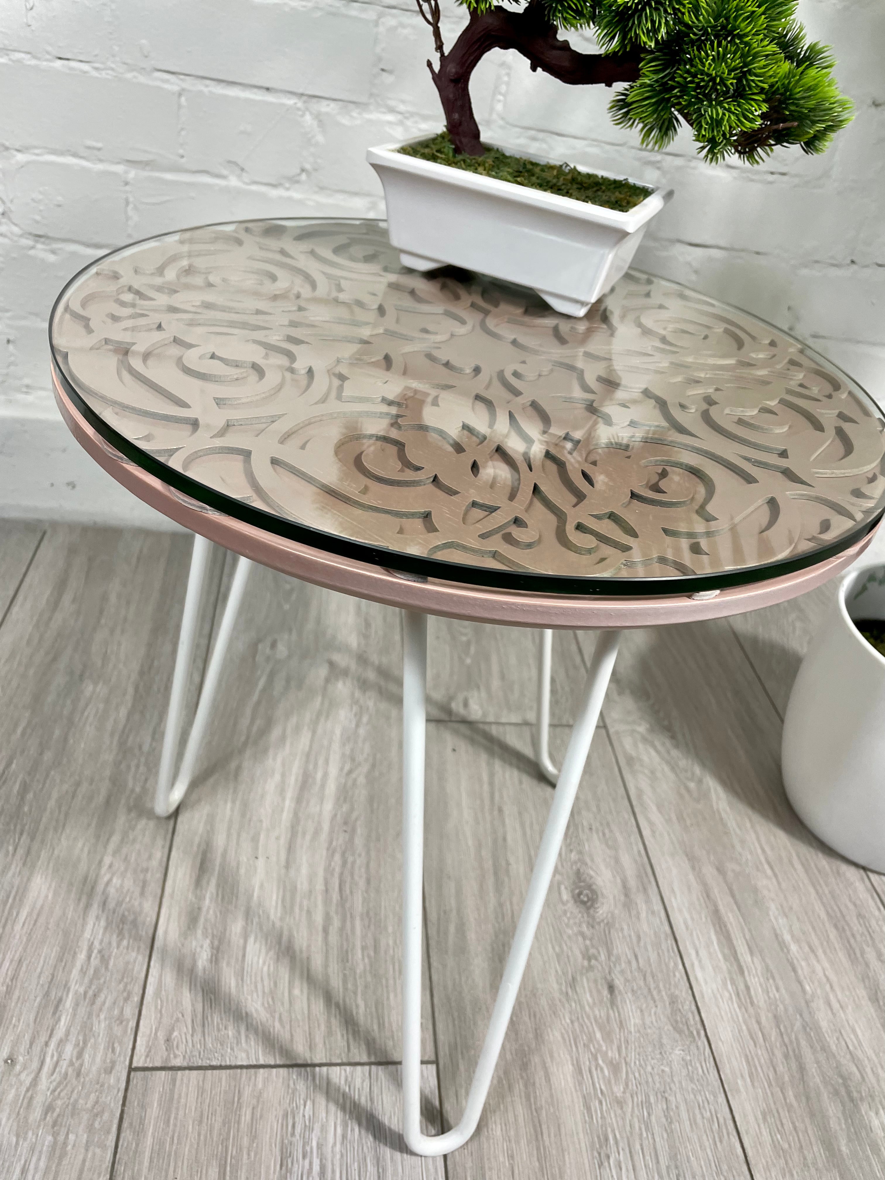 Arabesque Moroccan Side Table in Pastel Pink Finish Pin Legs Zellige Table Glass Top
