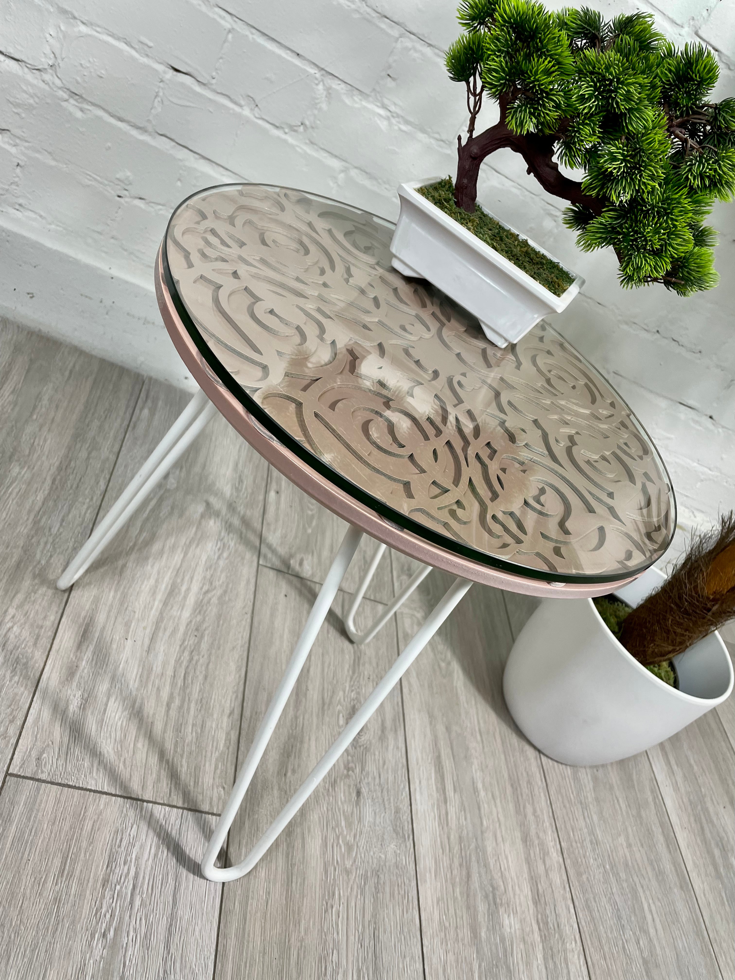 Arabesque Moroccan Side Table in Pastel Pink Finish Pin Legs Zellige Table Glass Top