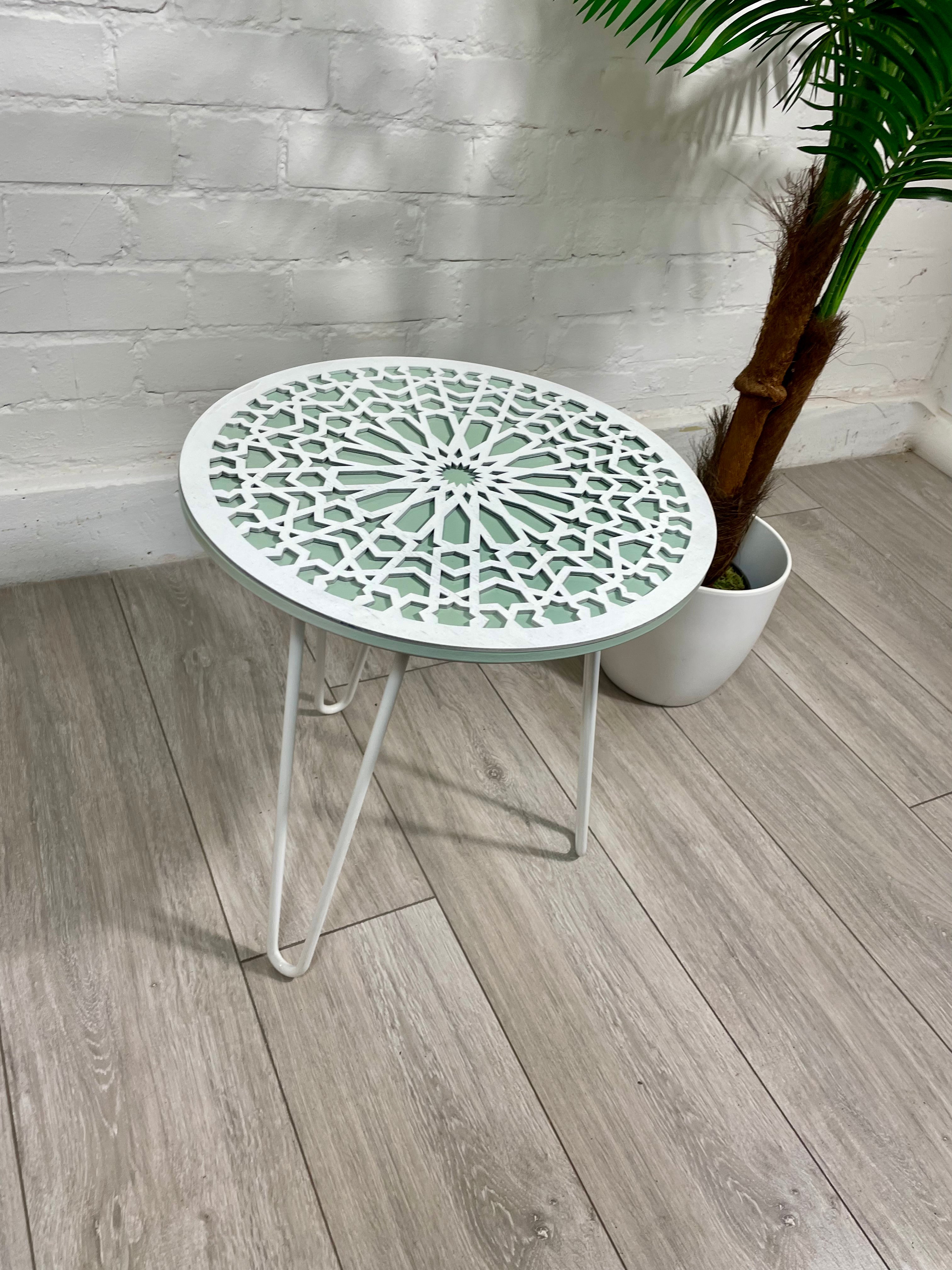 Moroccan Mosaic Side Table Pin Legs, Zellige Table Green Pastel and White with Glass Top