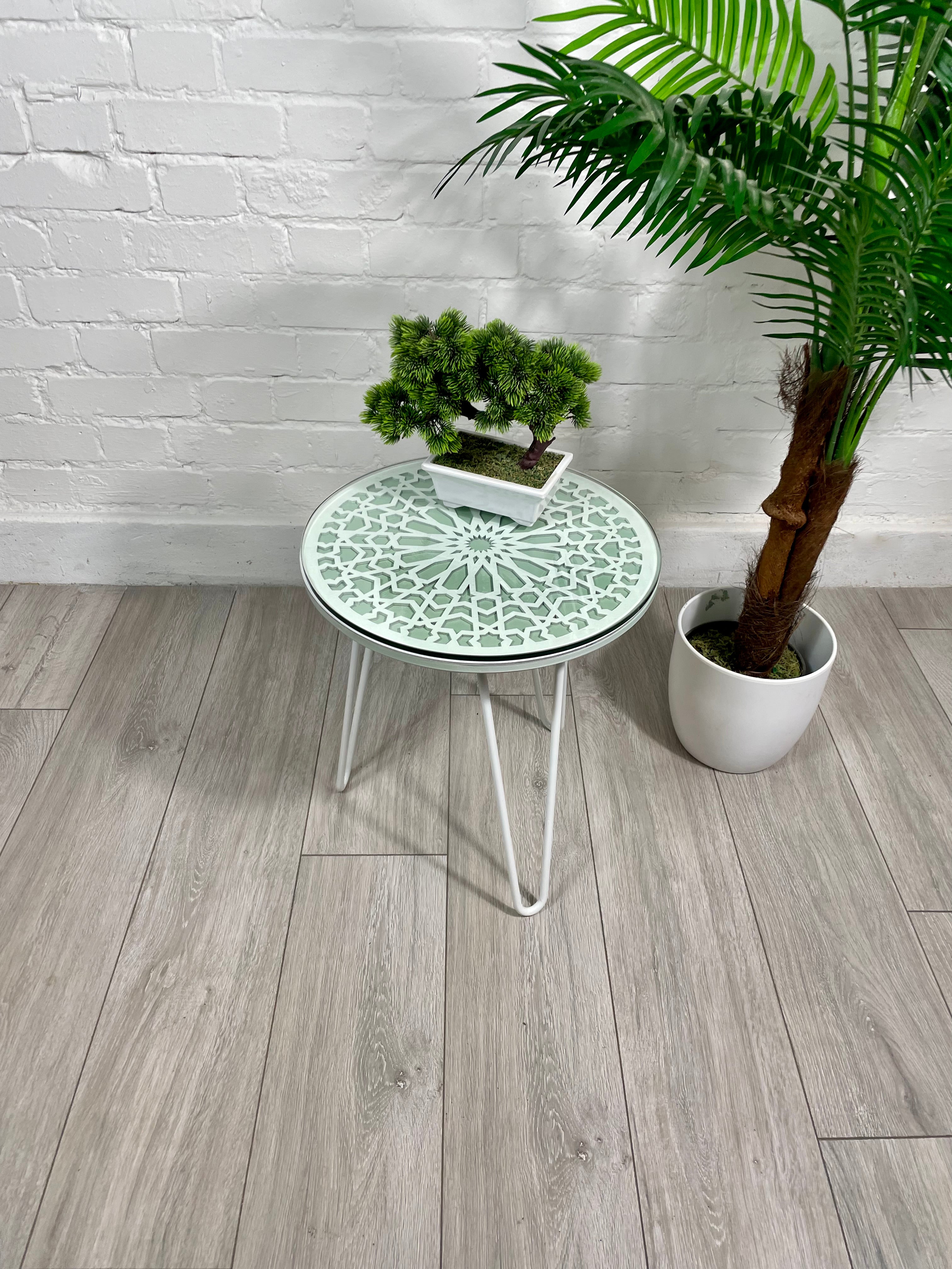Moroccan Mosaic Side Table Pin Legs, Zellige Table Green Pastel and White with Glass Top