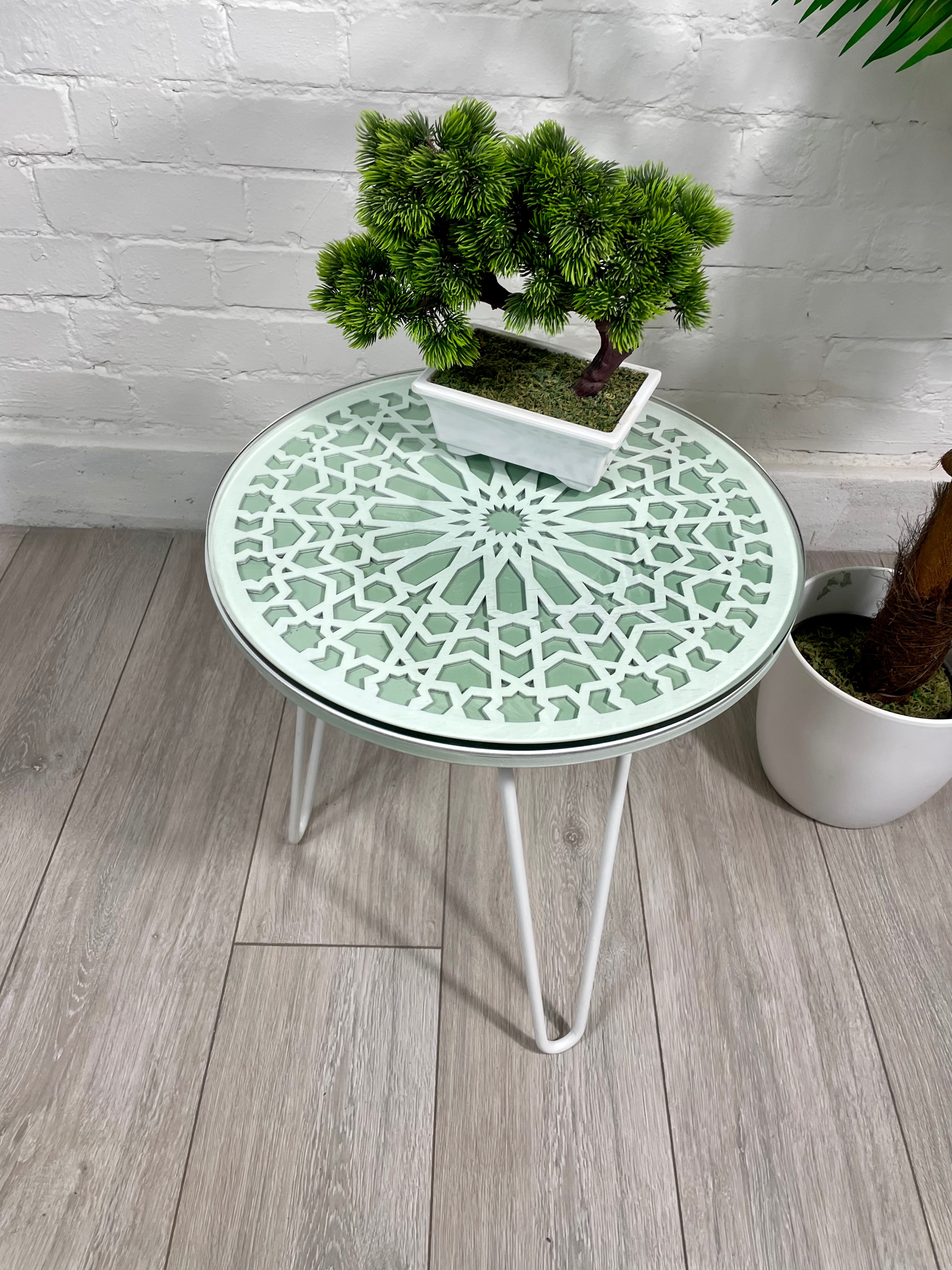 Moroccan Mosaic Side Table Pin Legs, Zellige Table Green Pastel and White  with  Glass Top