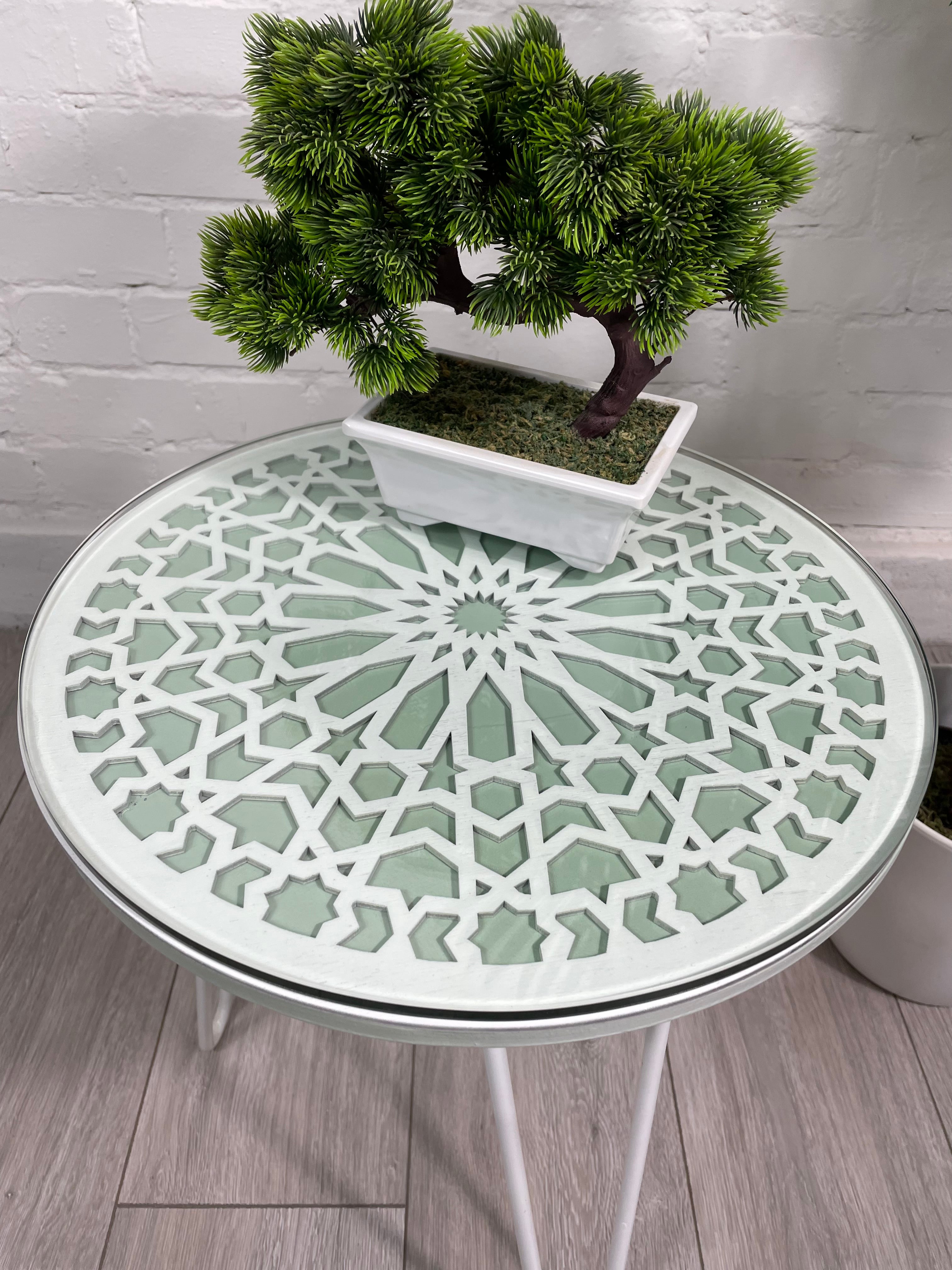 Moroccan Mosaic Side Table Pin Legs, Zellige Table Green Pastel and White  with  Glass Top