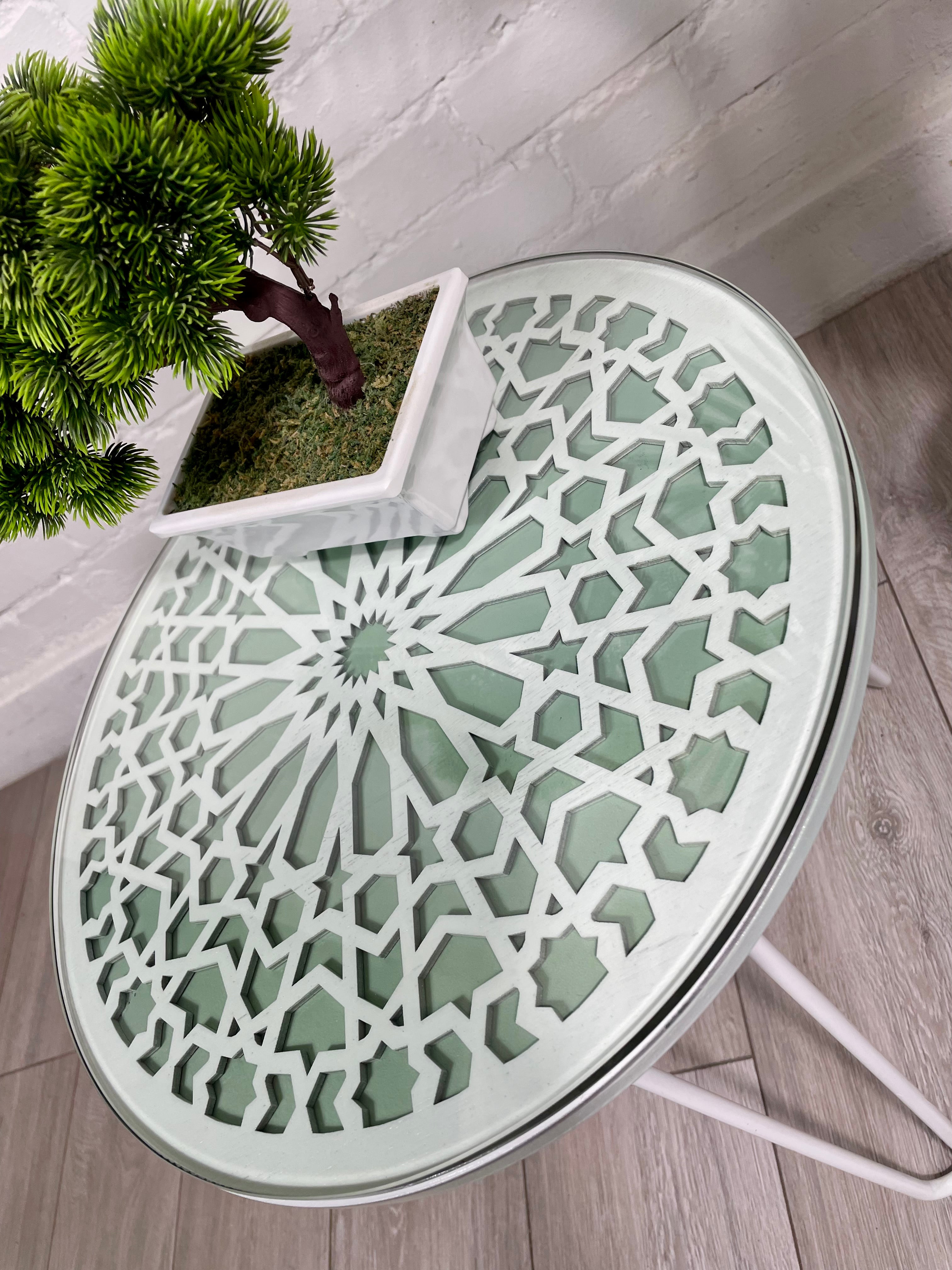 Moroccan Mosaic Side Table Pin Legs, Zellige Table Green Pastel and White with Glass Top