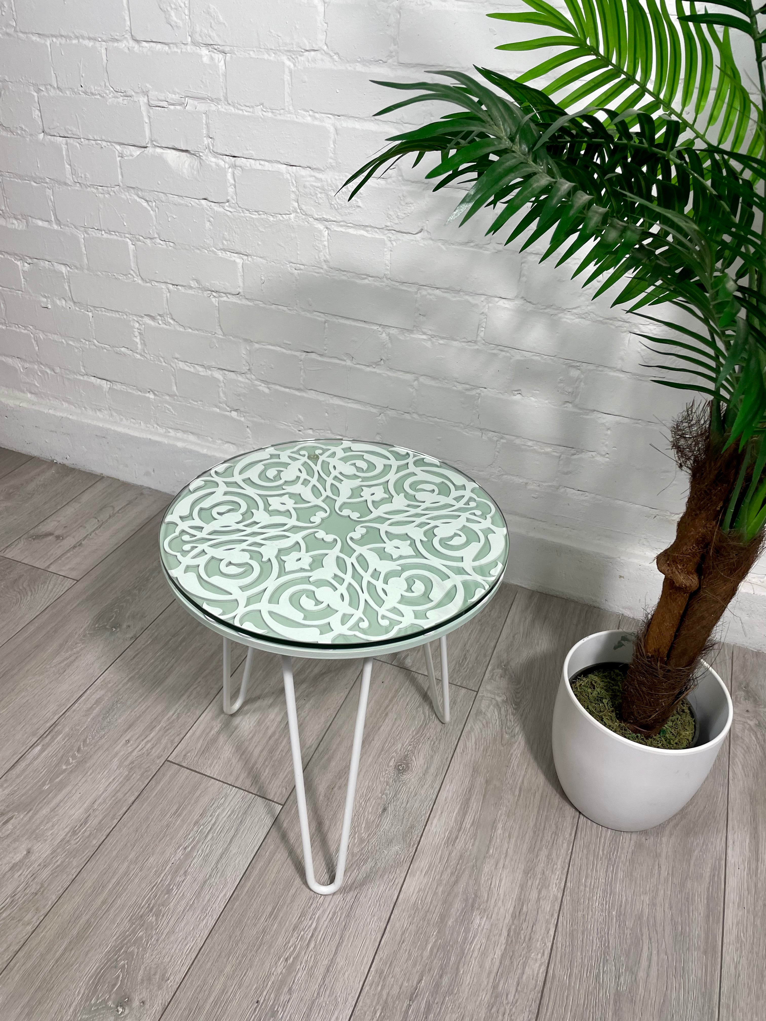 Arabesque Moroccan Side Table in Pastel Green and White Finish Pin Legs Zellige Table Glass Top