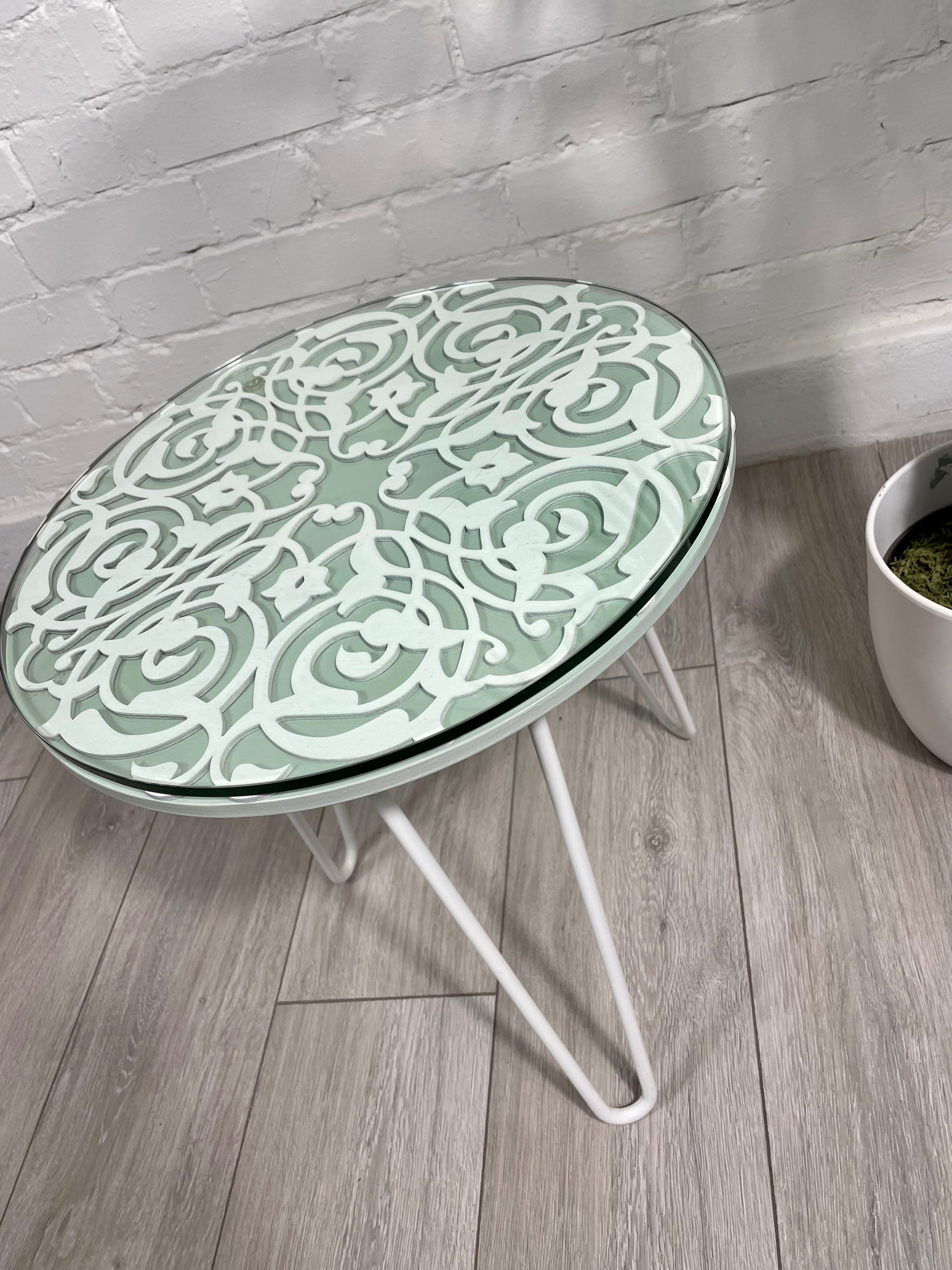 Arabesque Moroccan Side Table in Pastel Green and White Finish Pin Legs Zellige Table Glass Top