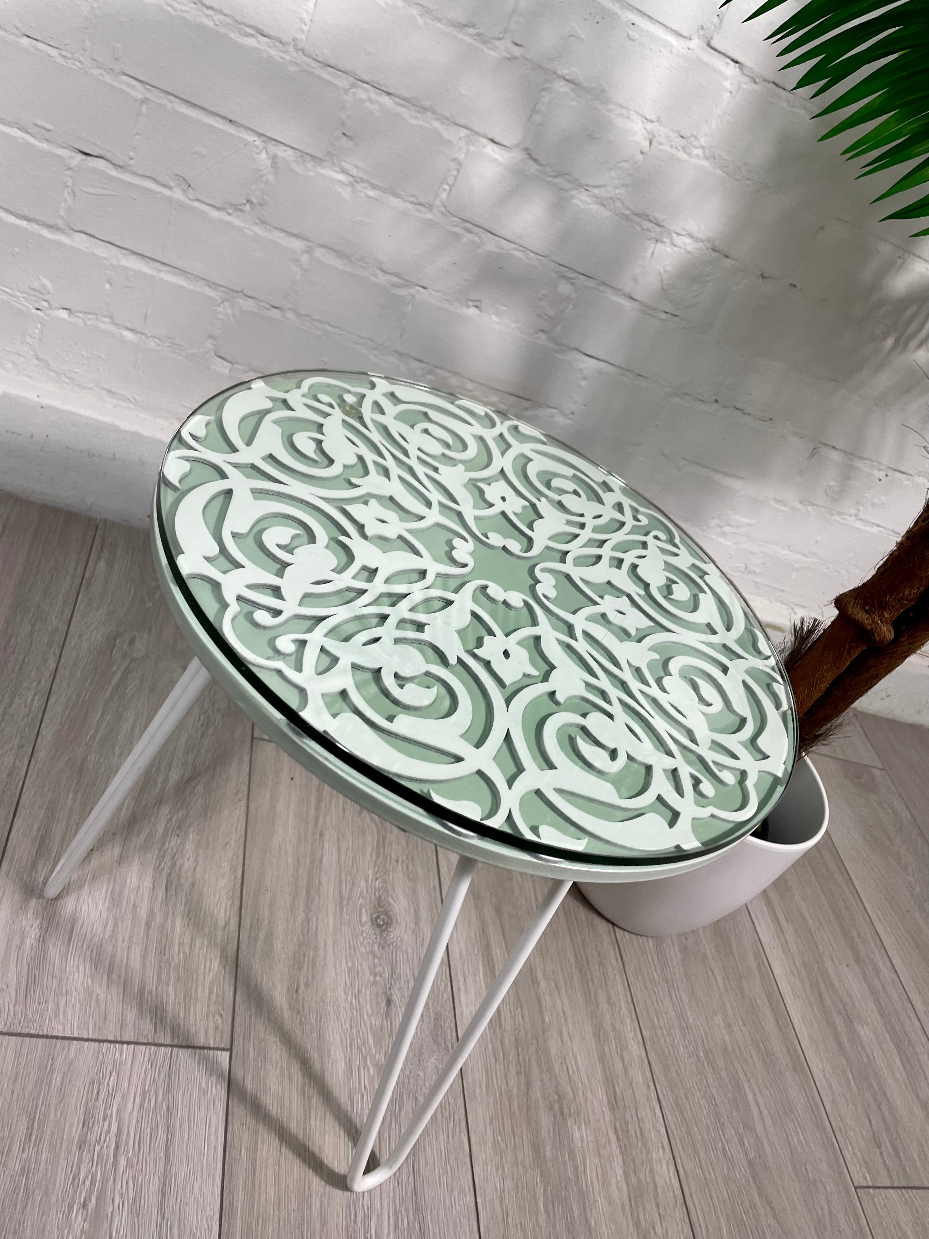 Arabesque Moroccan Side Table in Pastel Green and White Finish Pin Legs Zellige Table Glass Top