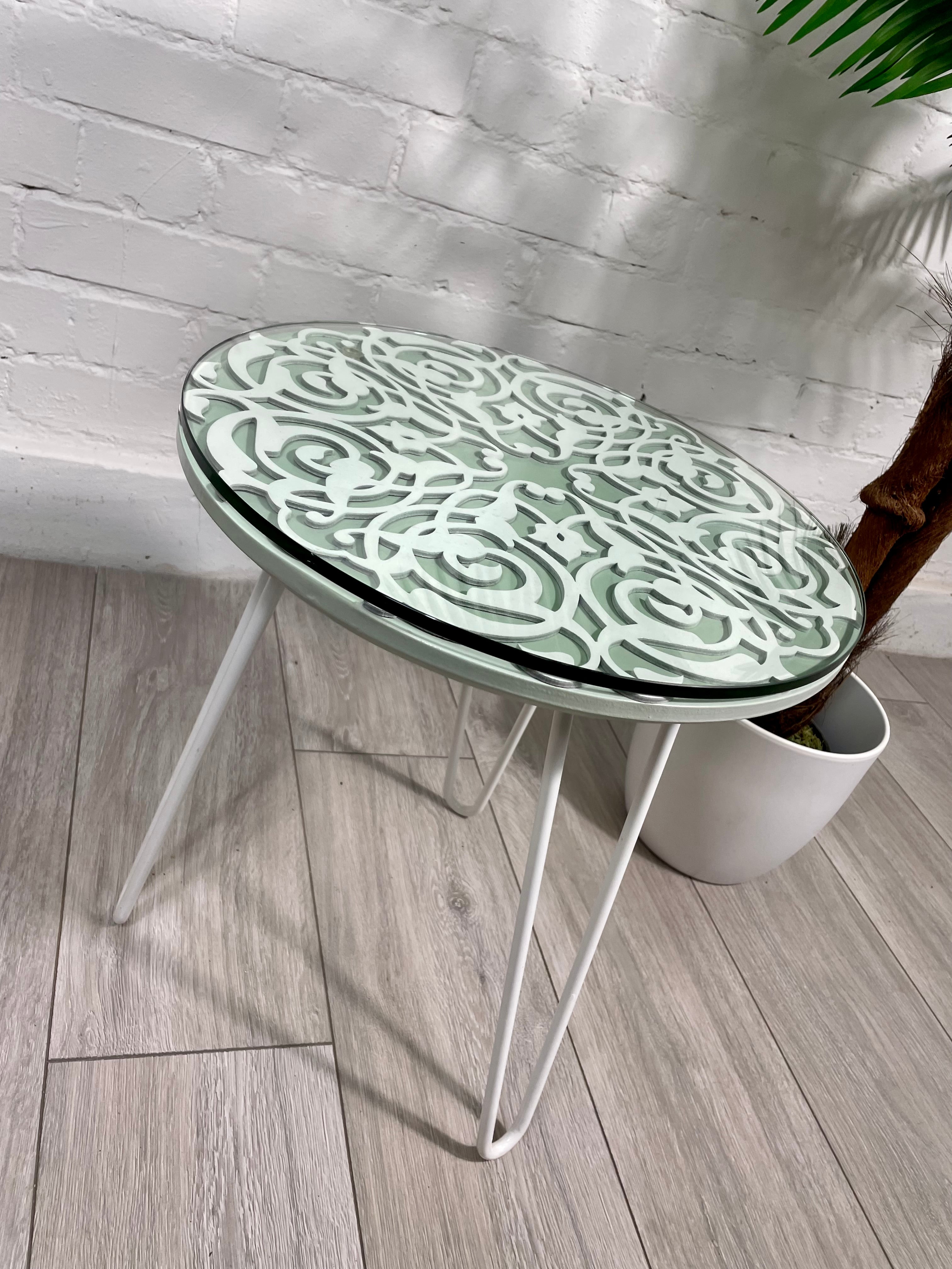 Arabesque Moroccan Side Table in Pastel Green and White Finish Pin Legs Zellige Table Glass Top